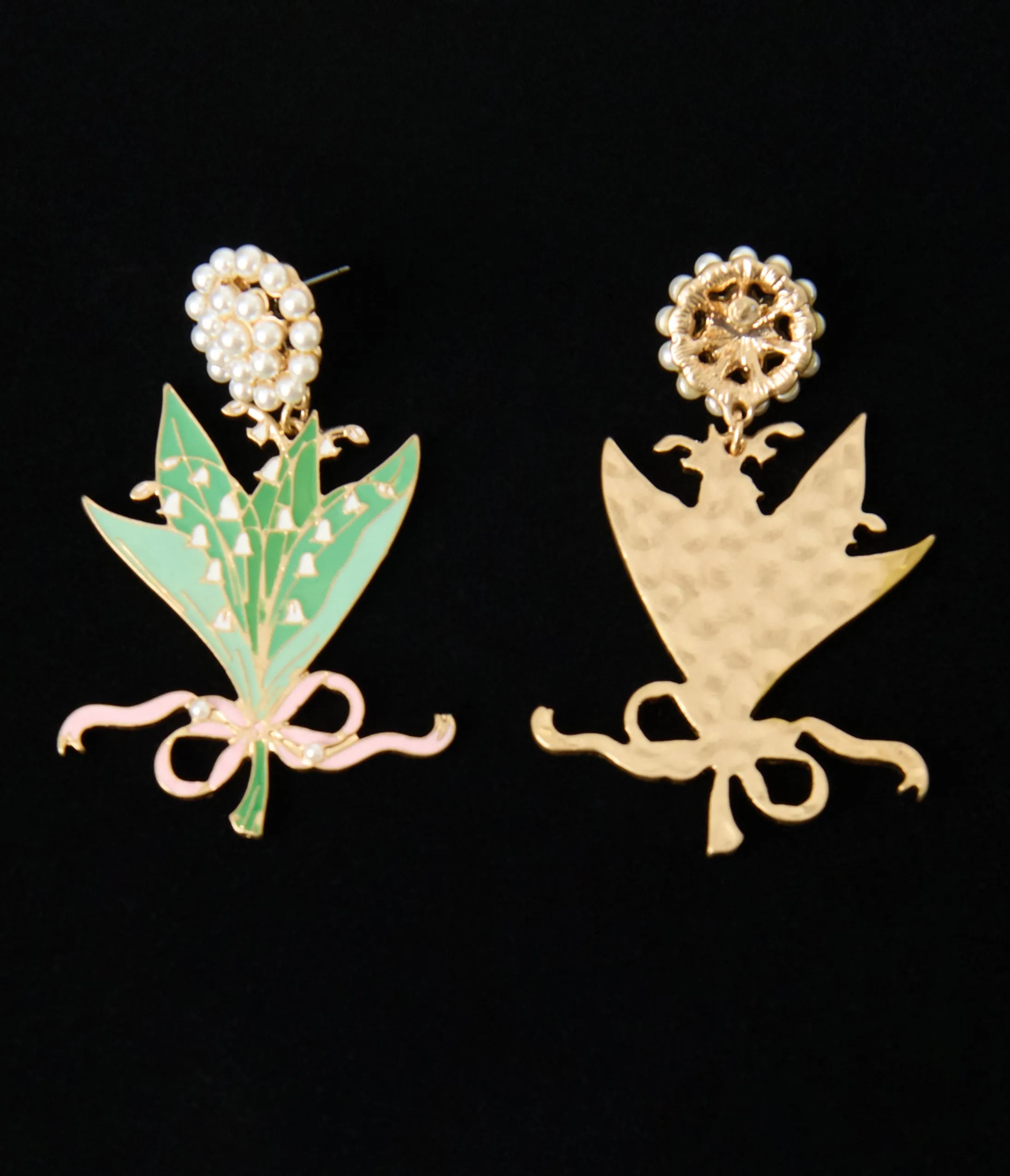 Pink & Green Lily of the Valley Enamel Bouquet Earrings sold by Unique Vintage product image thumbnail 2