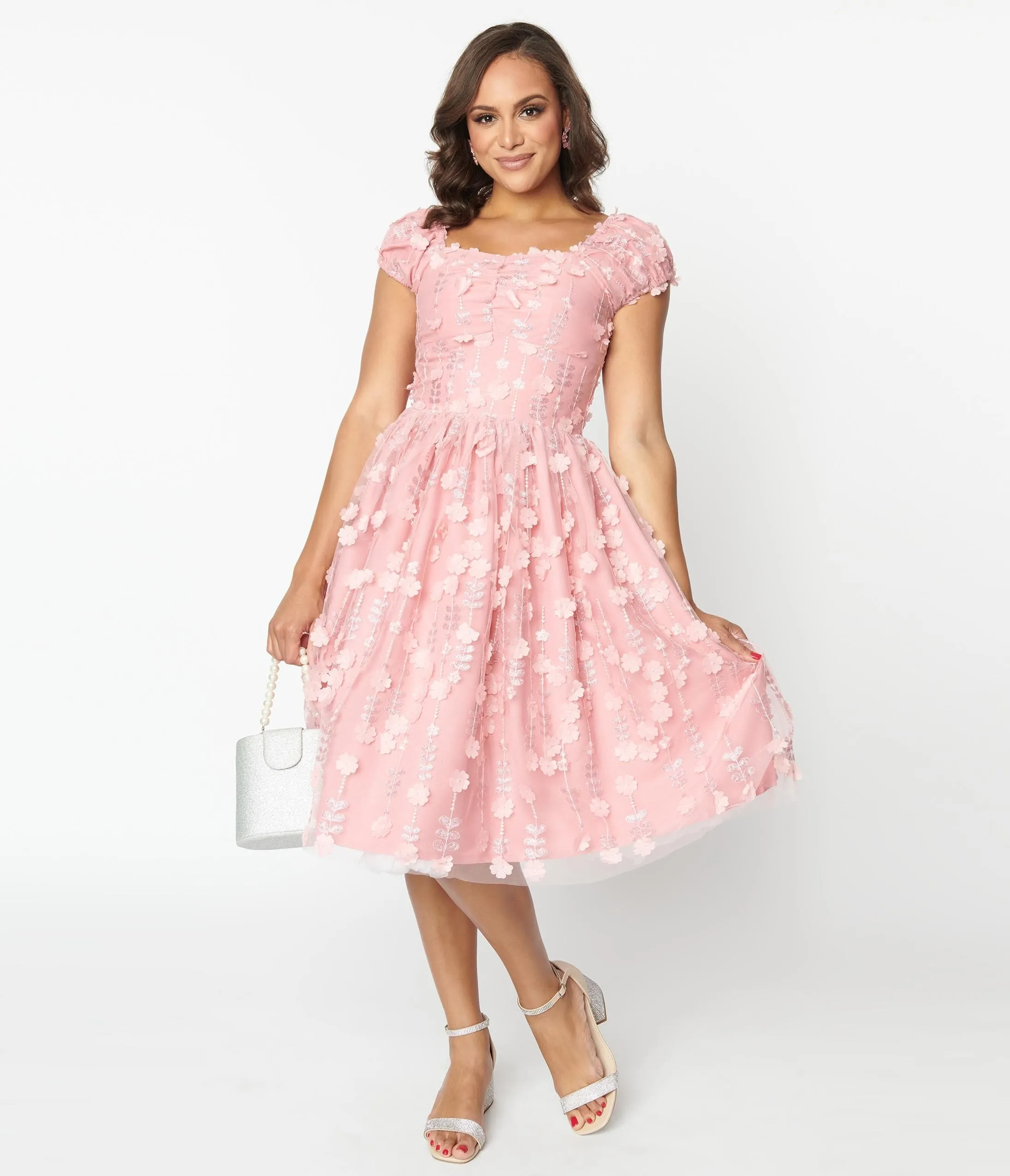 Magnolia Place Pink Sequin Floral Swing Dress sold by Unique Vintage