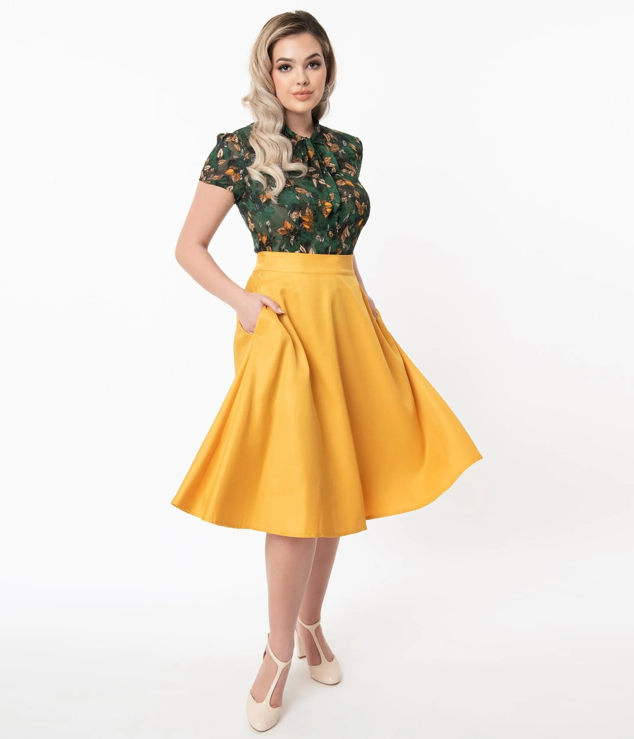 Unique Vintage Retro Mustard Yellow Vivien Swing Skirt sold by Unique Vintage