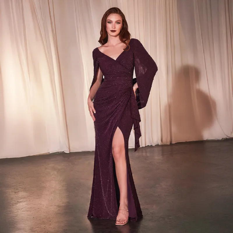 Ladivine by Cinderella Divine Wine Sparkle Cape Slit Bridesmaids Gown sold by Unique Vintage