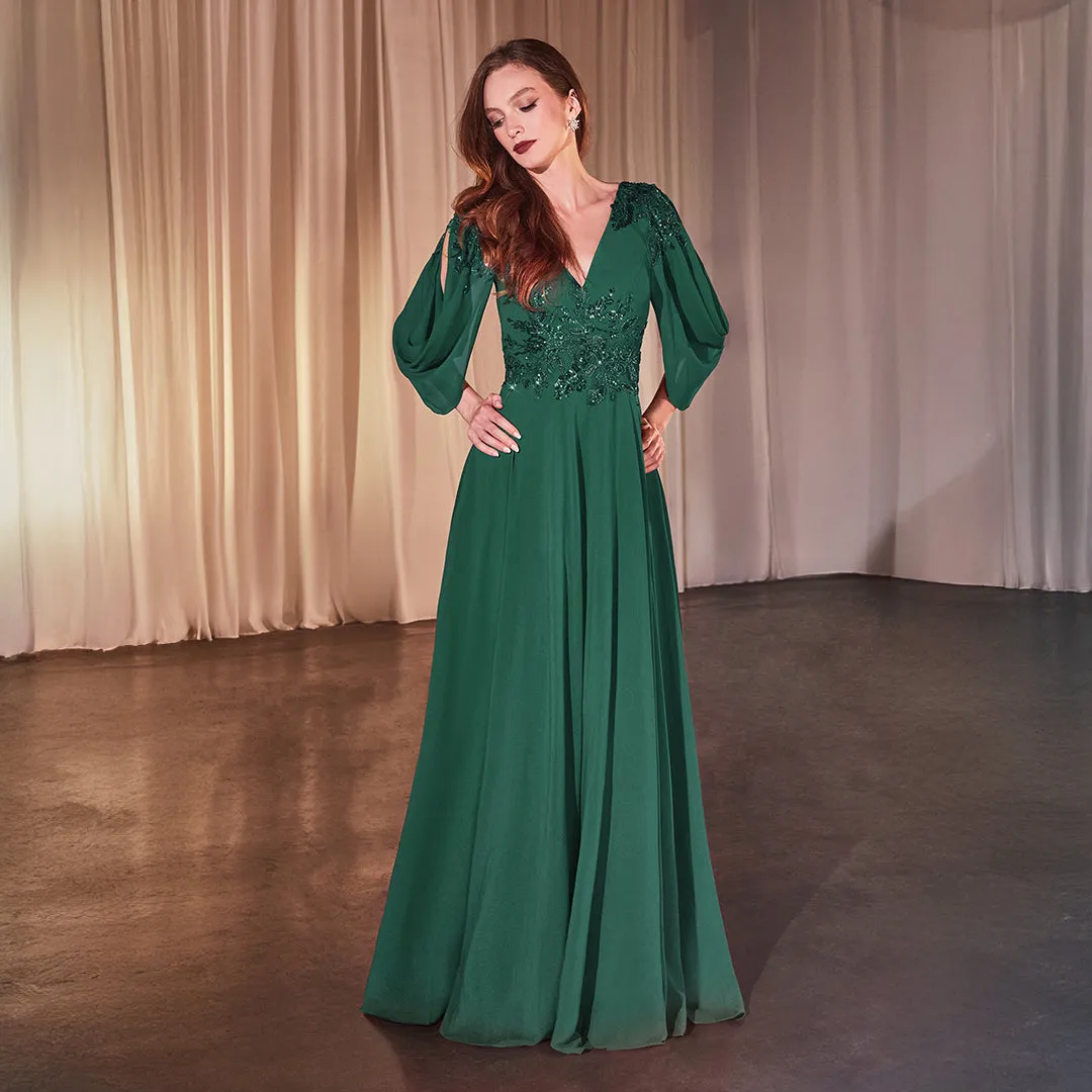 Ladivine by Cinderella Divine Emerald Chiffon Split Sleeve Prom Gown sold by Unique Vintage