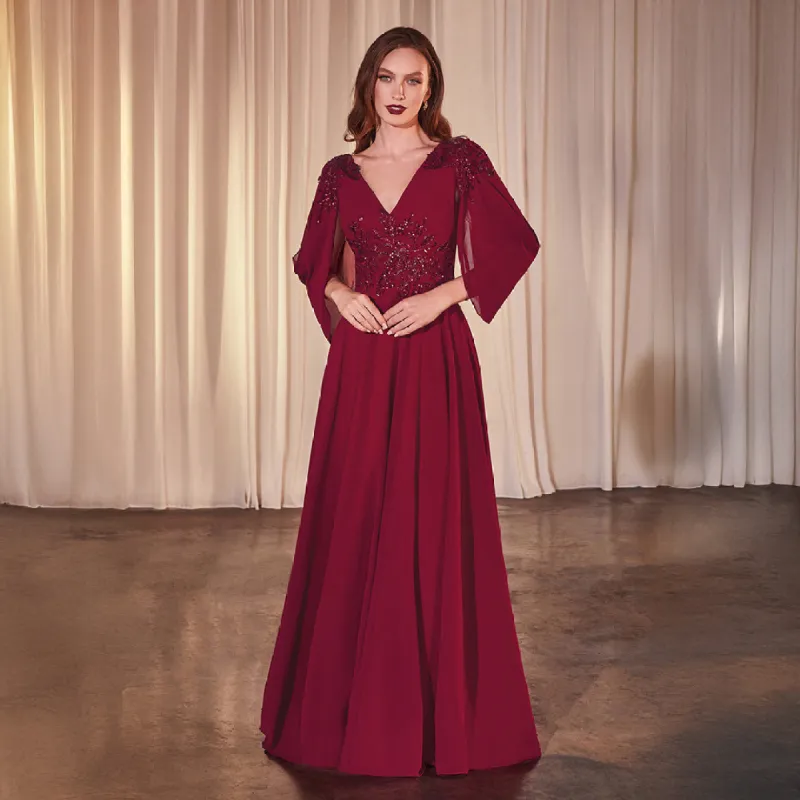 Ladivine by Cinderella Divine Burgundy Chiffon Split Sleeve Prom Gown sold by Unique Vintage