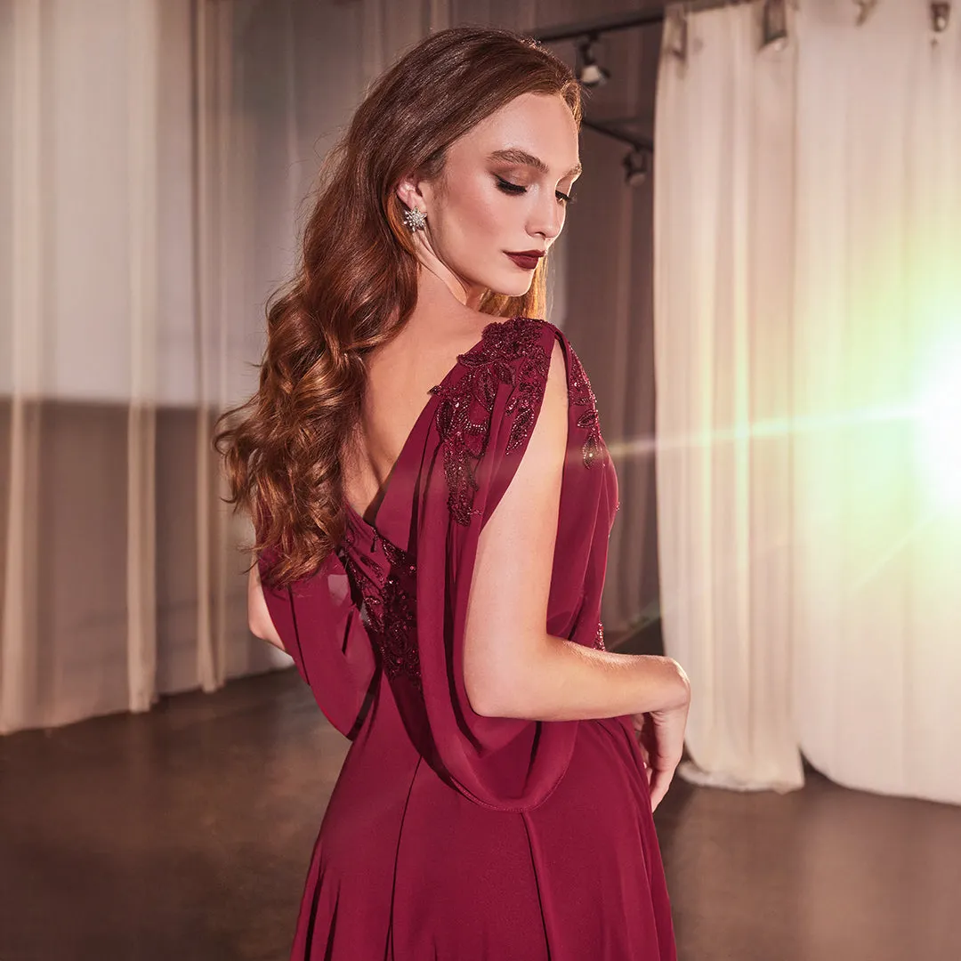 Ladivine by Cinderella Divine Burgundy Chiffon Split Sleeve Prom Gown sold by Unique Vintage product image thumbnail 3