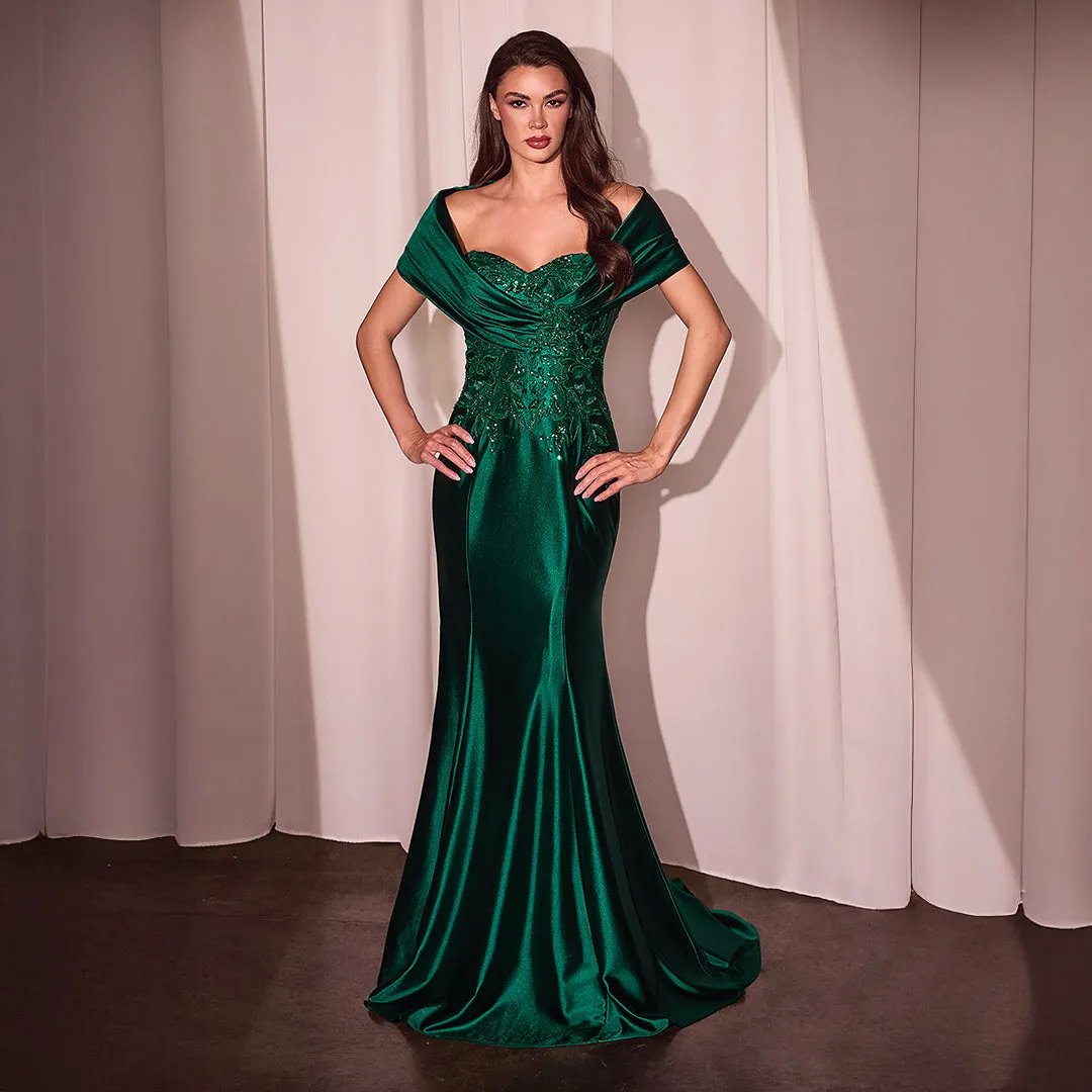 Ladivine by Cinderella Divine Emerald Satin Off Shoulder Mermaid Prom Dress sold by Unique Vintage
