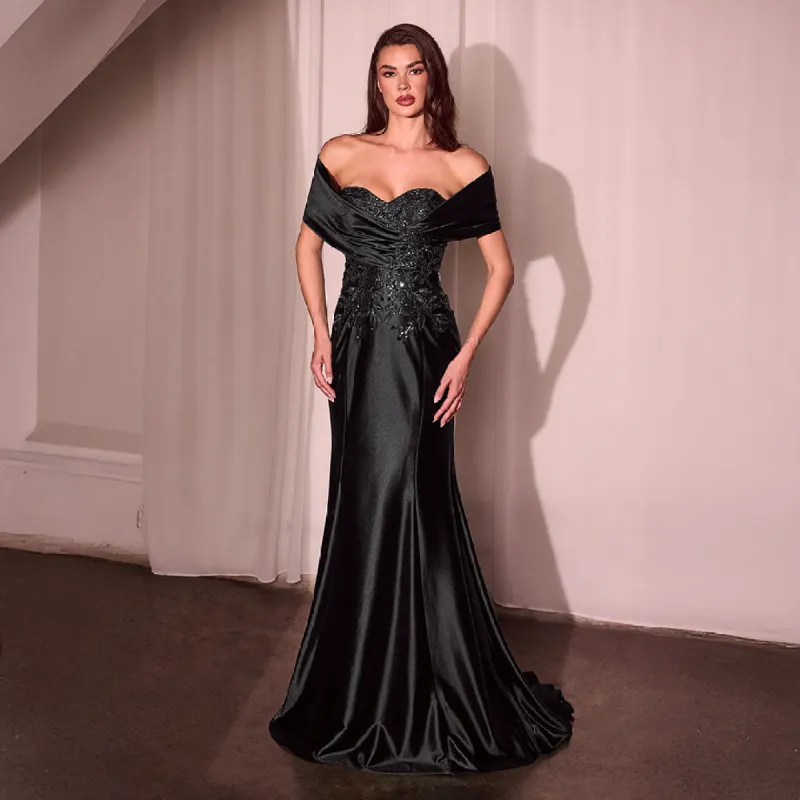Ladivine by Cinderella Divine Black Satin Off Shoulder Mermaid Prom Dress sold by Unique Vintage