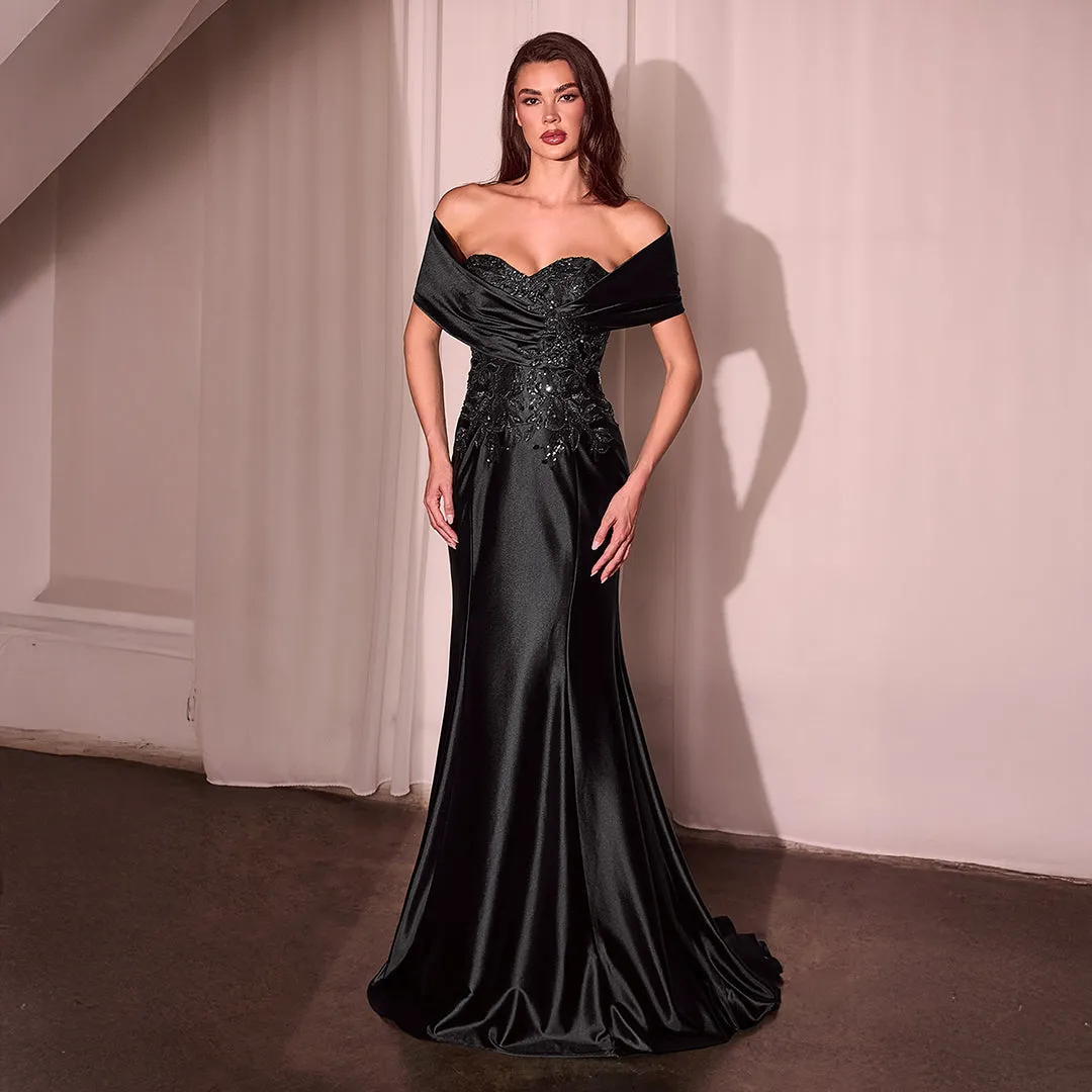 Ladivine by Cinderella Divine Black Satin Off Shoulder Mermaid Prom Dress sold by Unique Vintage