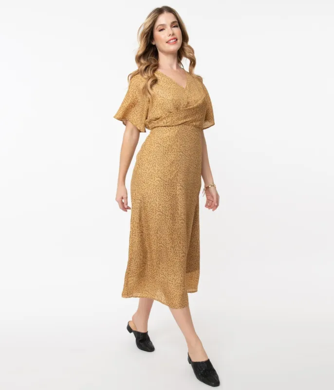 1940s Tan & Black Spotted Print Midi Dress sold by Unique Vintage
