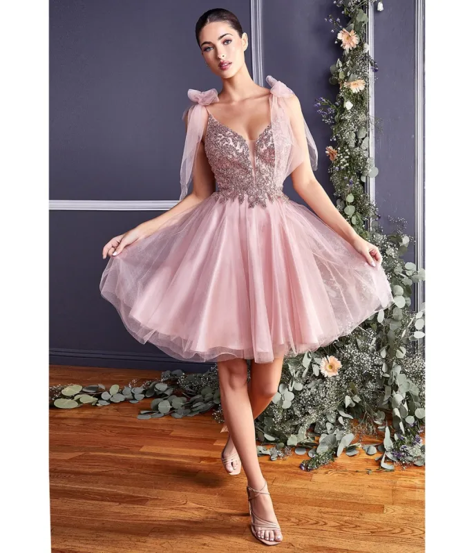 Ladivine by Cinderella Divine Rose Gold Shimmer Tulle Flare Prom Dress sold by Unique Vintage