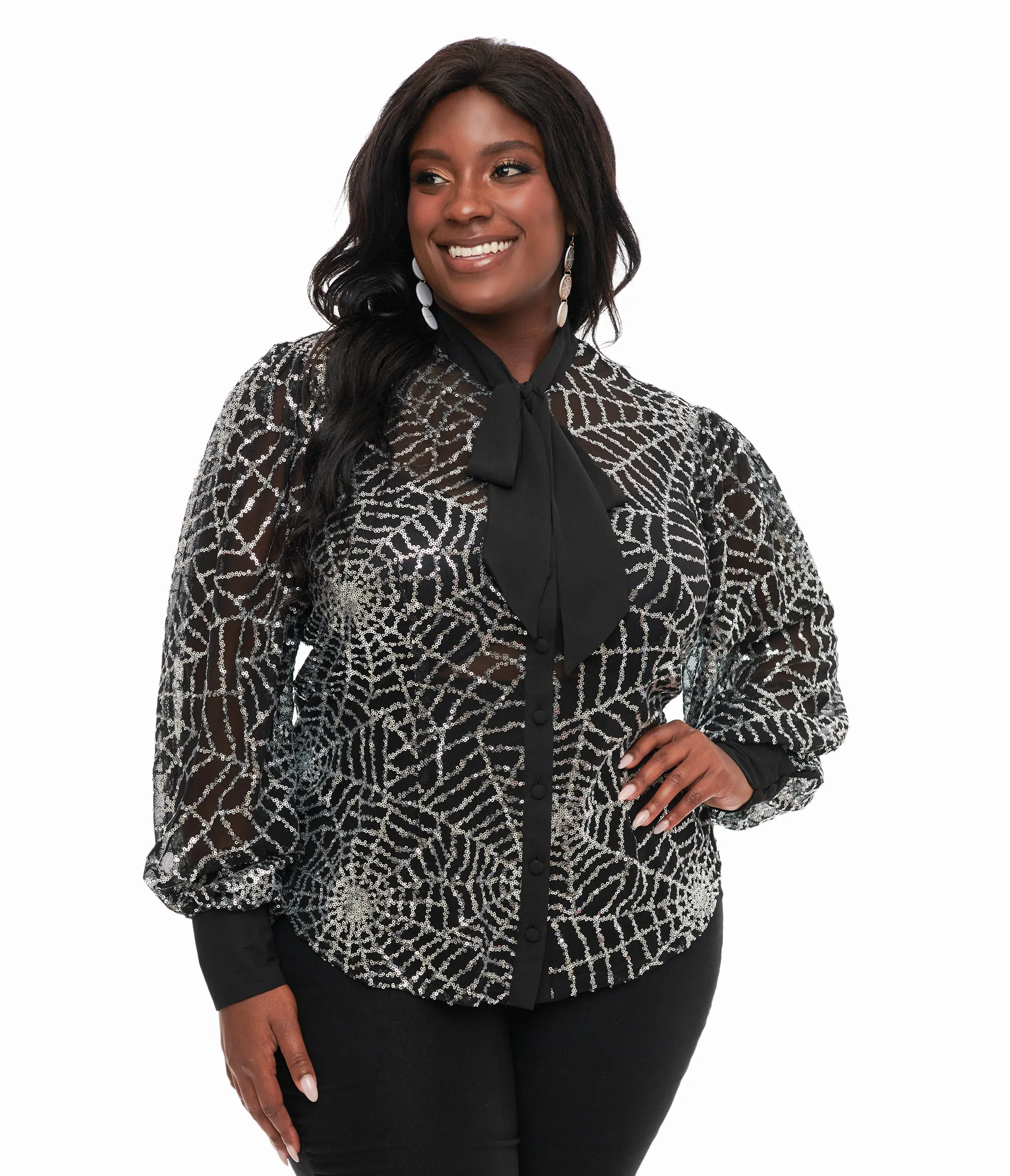 Unique Vintage Plus Size Black & Silver Sequin Spiderweb Sheer Gwen Blouse sold by Unique Vintage product image thumbnail 3