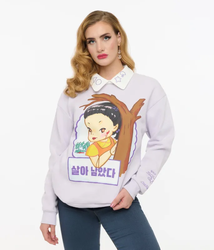 Cakeworthy Purple Squid Game Young Hee Chibi Collared Sweatshirt sold by Unique Vintage