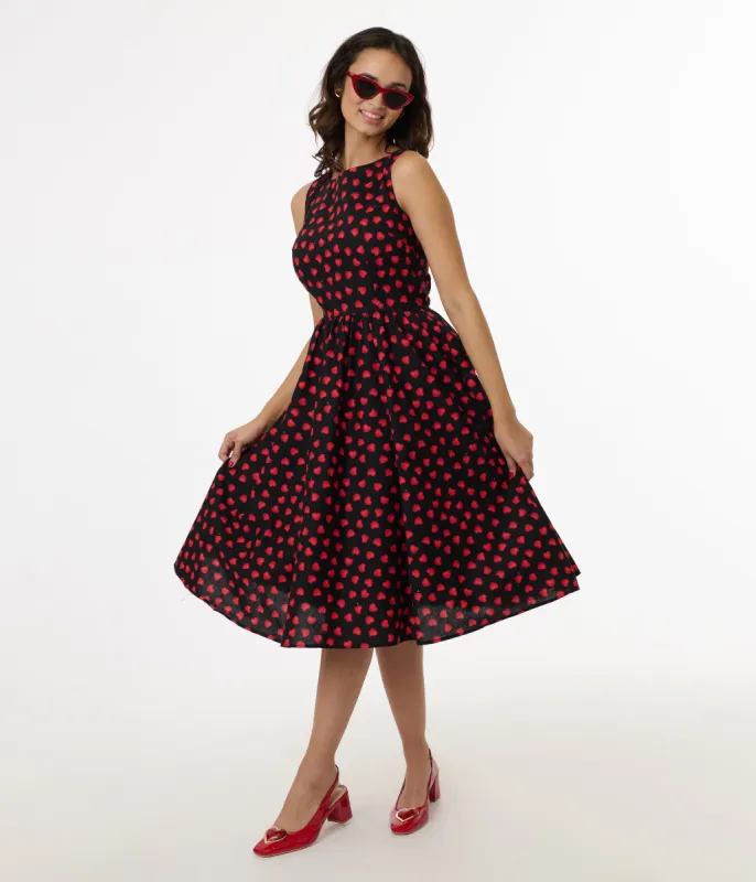 Retrolicious 1950s Black & Red Heart Cotton Swing Dress sold by Unique Vintage