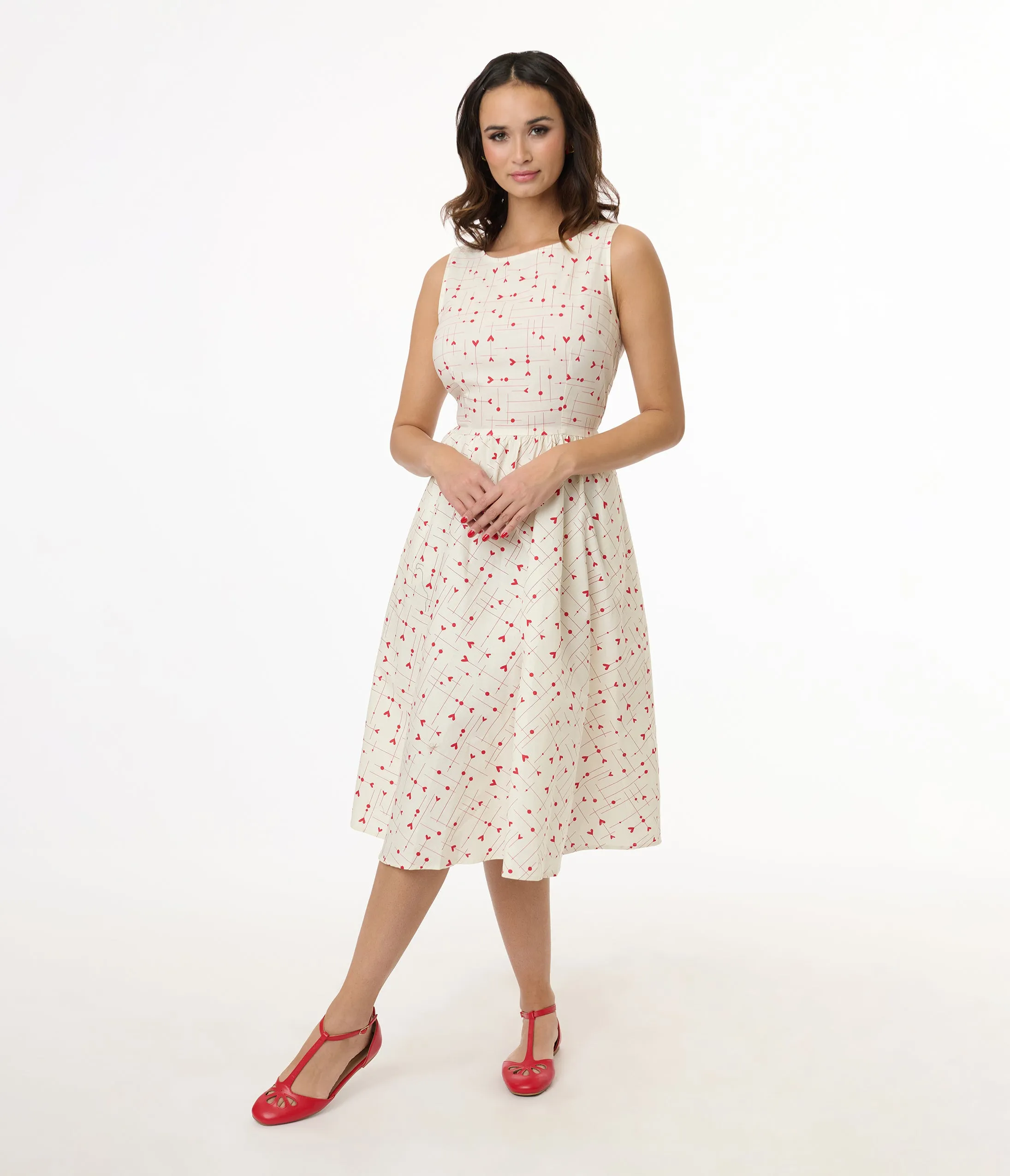 Retrolicious 1950s White & Red Heart Cotton Be Mine Swing Dress sold by Unique Vintage