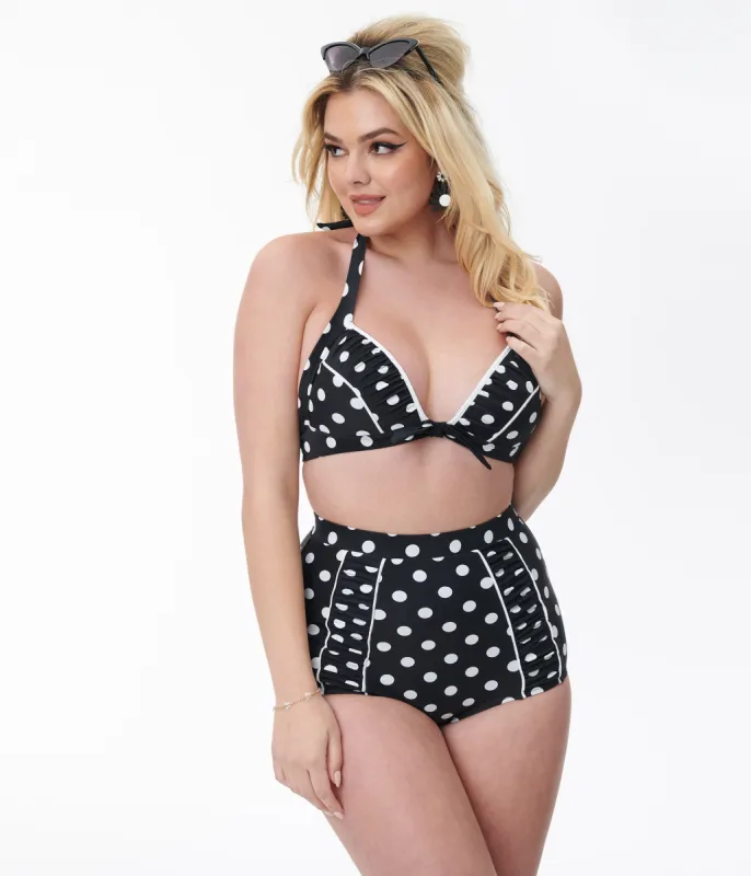 Unique Vintage Black & White Polka Dot Halter Swim Top sold by Unique Vintage