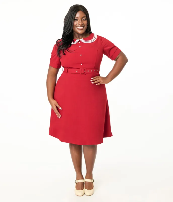 Voodoo Vixen Plus Size 1950s Red Layered Collar Swing Dress sold by Unique Vintage