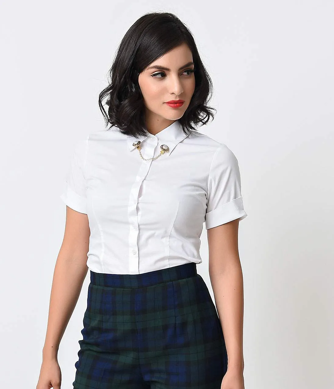 1960s White Collared Short Sleeve Button Up Blouse sold by Unique Vintage product image thumbnail 3