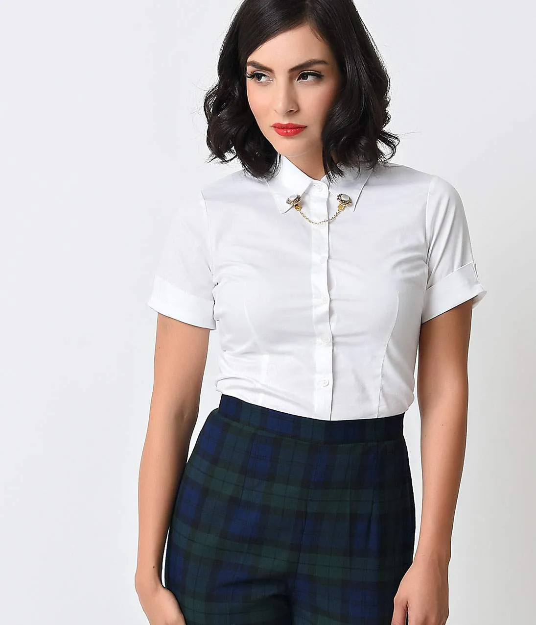 1960s White Collared Short Sleeve Button Up Blouse sold by Unique Vintage product image thumbnail 4