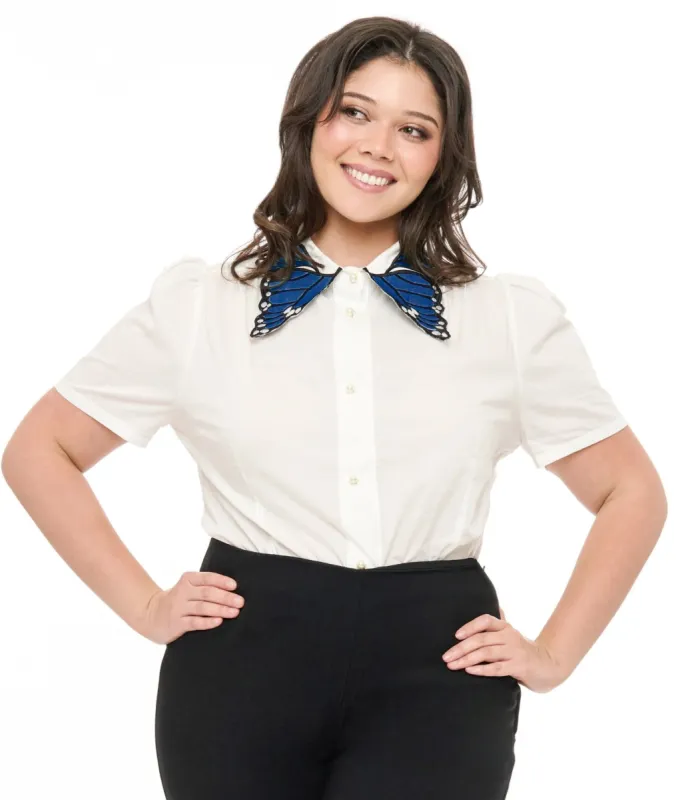 Unique Vintage Plus Size 1950s White & Blue Butterfly Collar Cotton Blouse sold by Unique Vintage