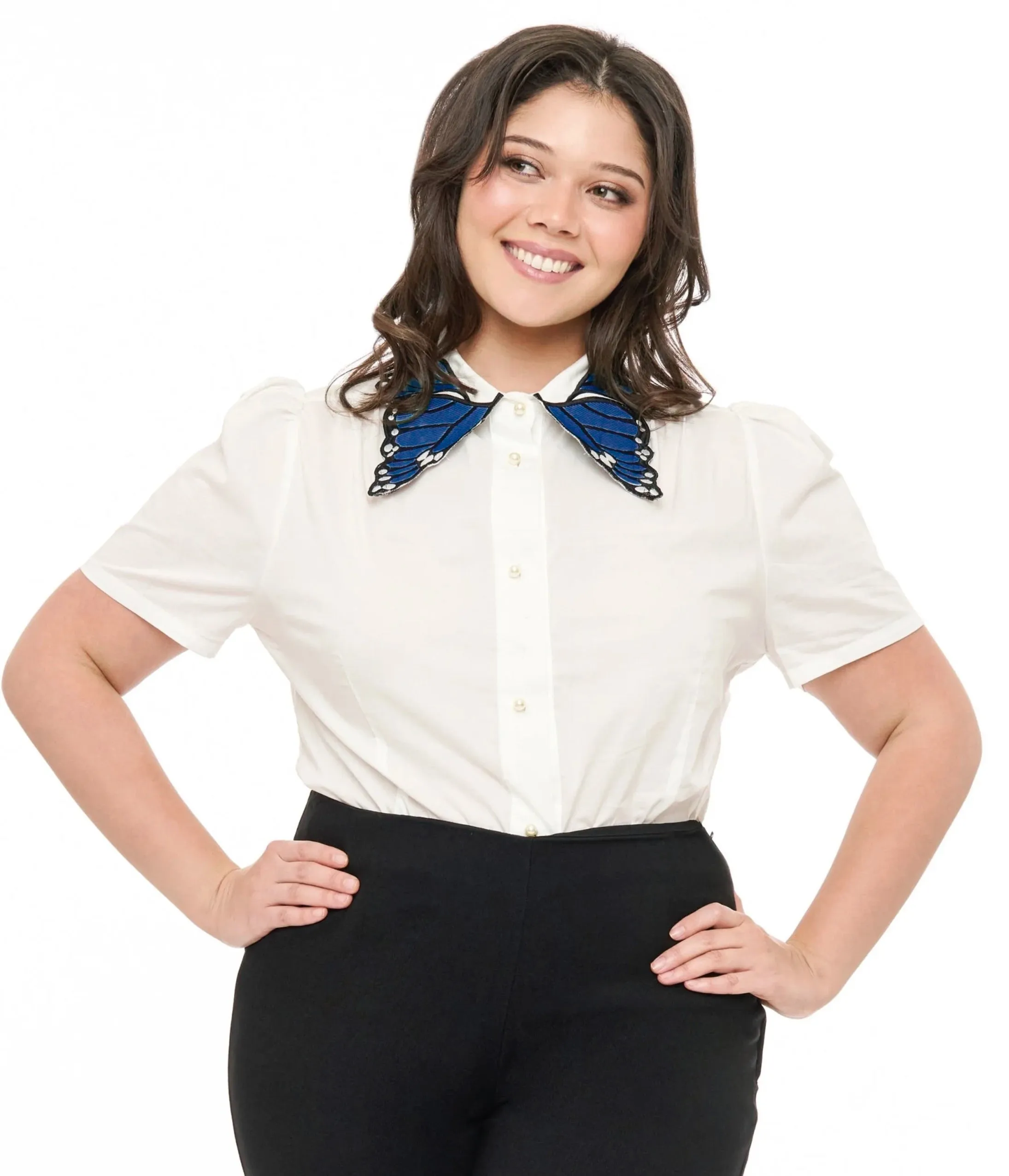 Unique Vintage Plus Size 1950s White & Blue Butterfly Collar Cotton Blouse sold by Unique Vintage