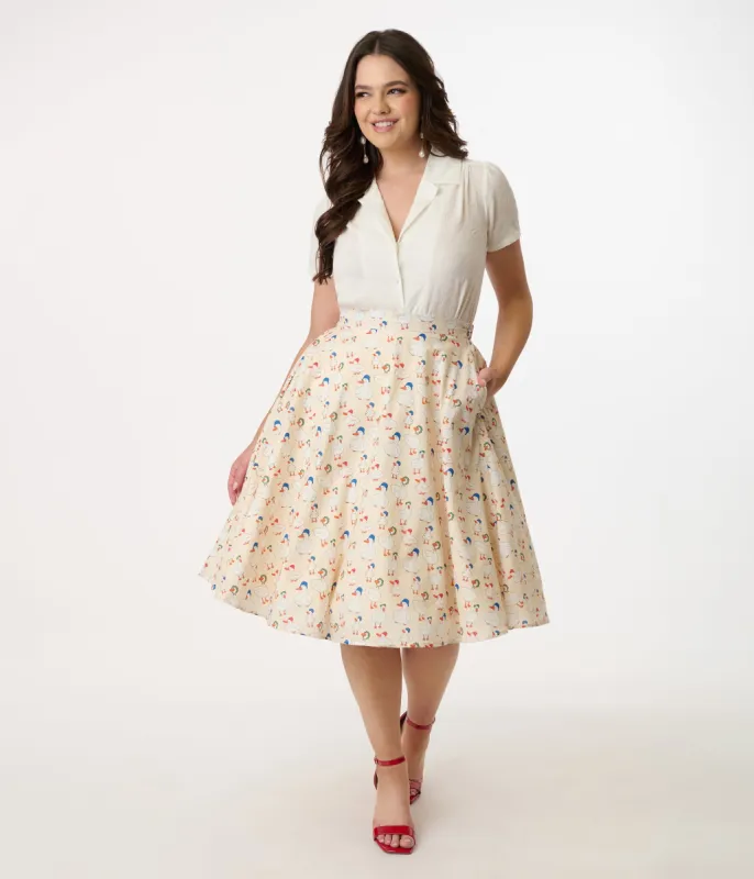 1950s Cream & Duck Print Cotton Swing Skirt sold by Unique Vintage