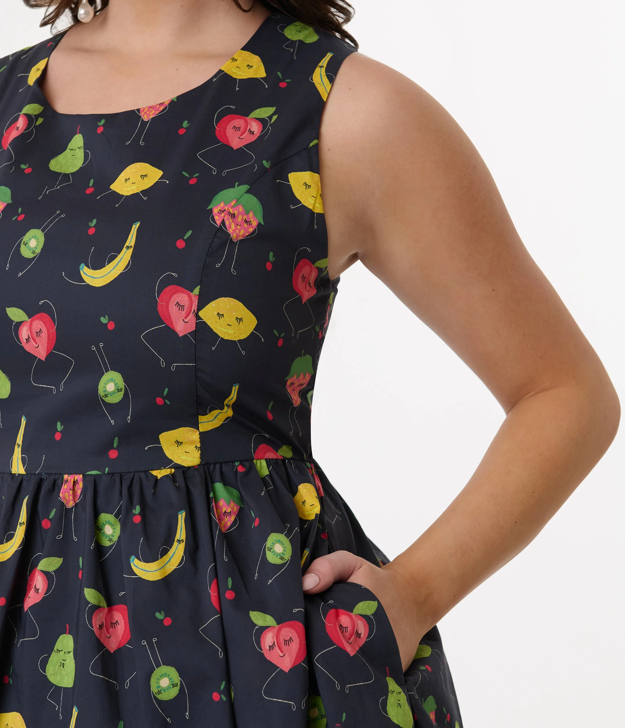 1950s Navy & Fruit Print Sleeveless Cotton Swing Dress sold by Unique Vintage product image thumbnail 2