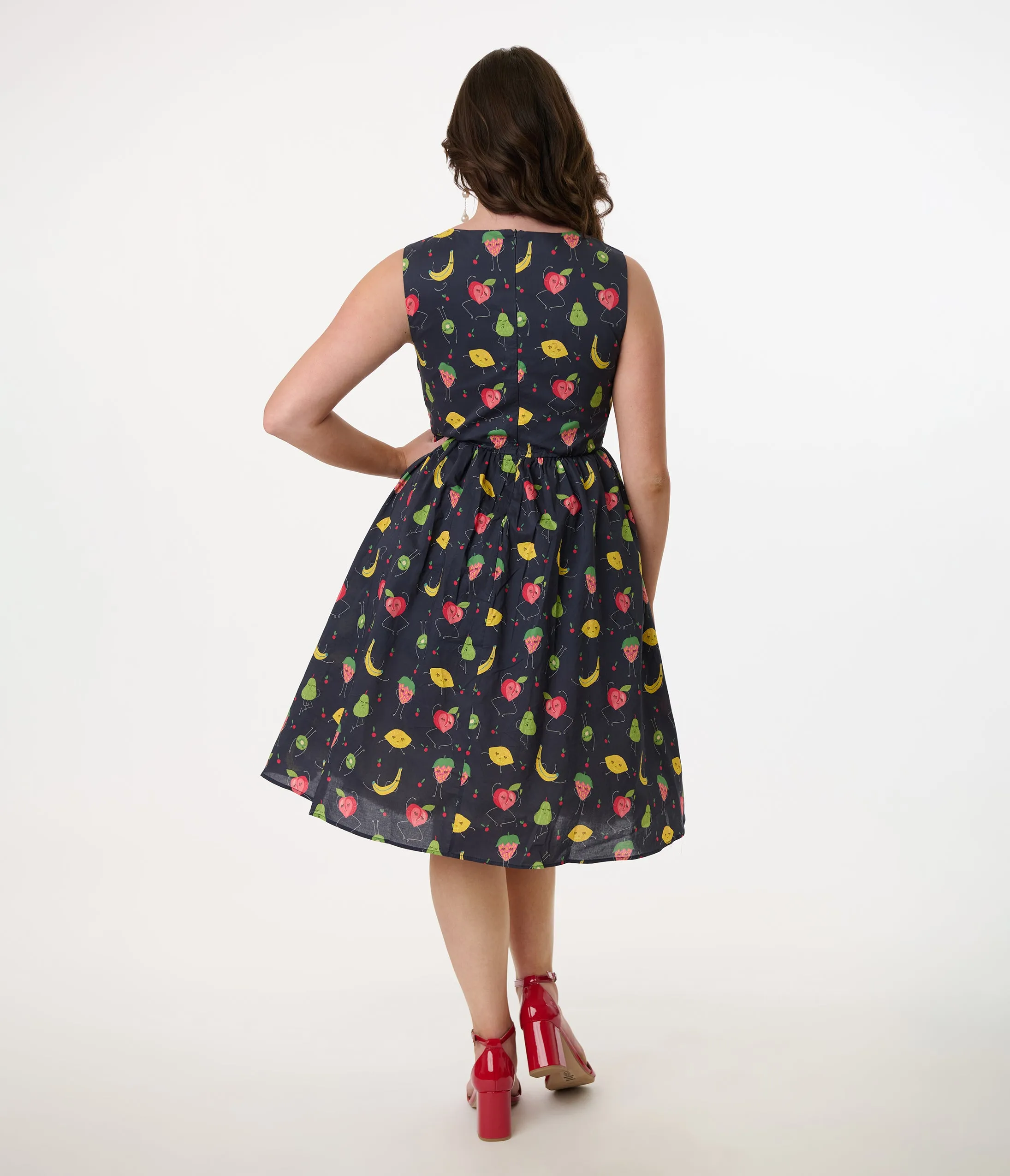 1950s Navy & Fruit Print Sleeveless Cotton Swing Dress sold by Unique Vintage product image thumbnail 3
