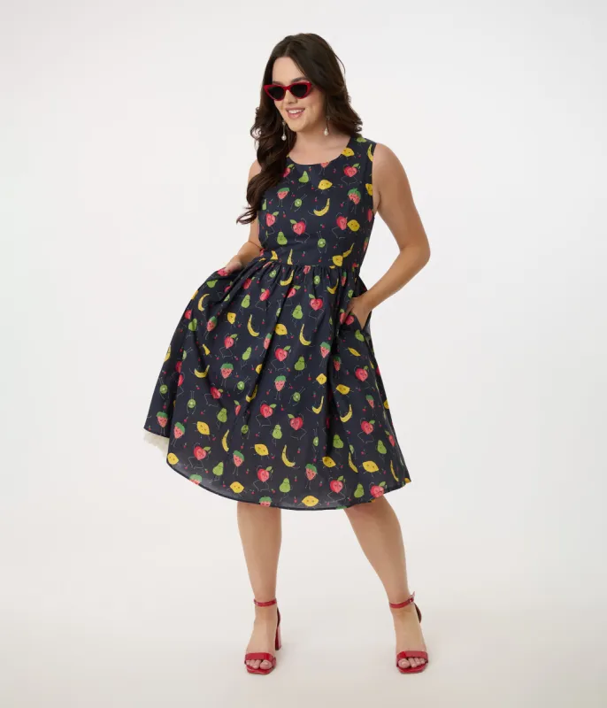 1950s Navy & Fruit Print Sleeveless Cotton Swing Dress sold by Unique Vintage