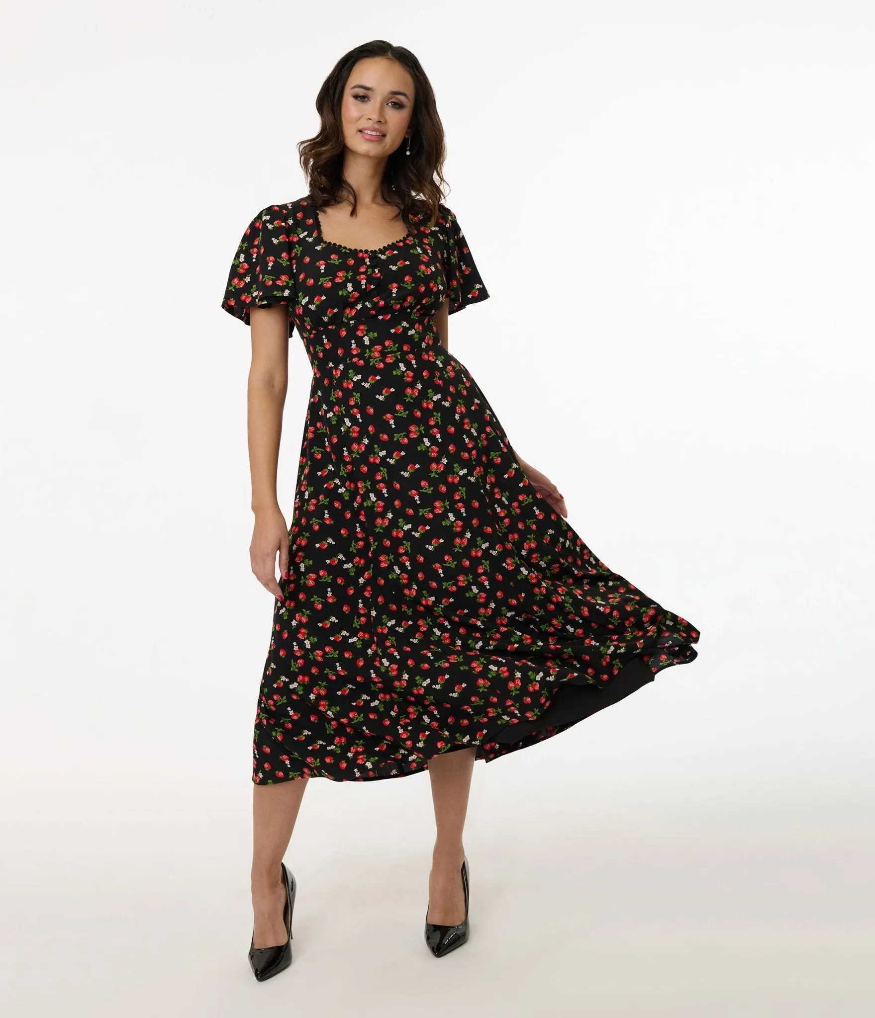 Unique Vintage 1940s Black & Strawberry Print Midi Dress sold by Unique Vintage product image thumbnail 4