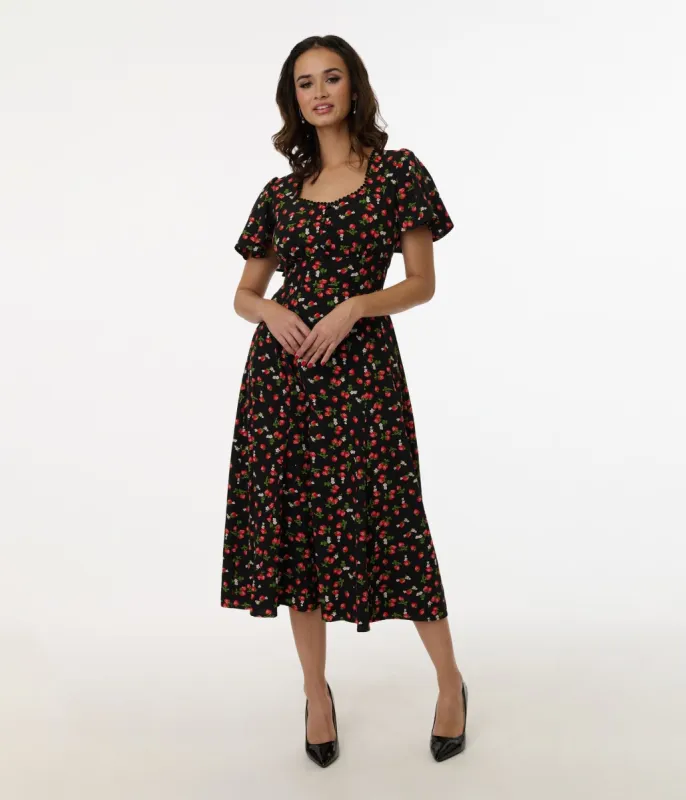 Unique Vintage 1940s Black & Strawberry Print Midi Dress sold by Unique Vintage