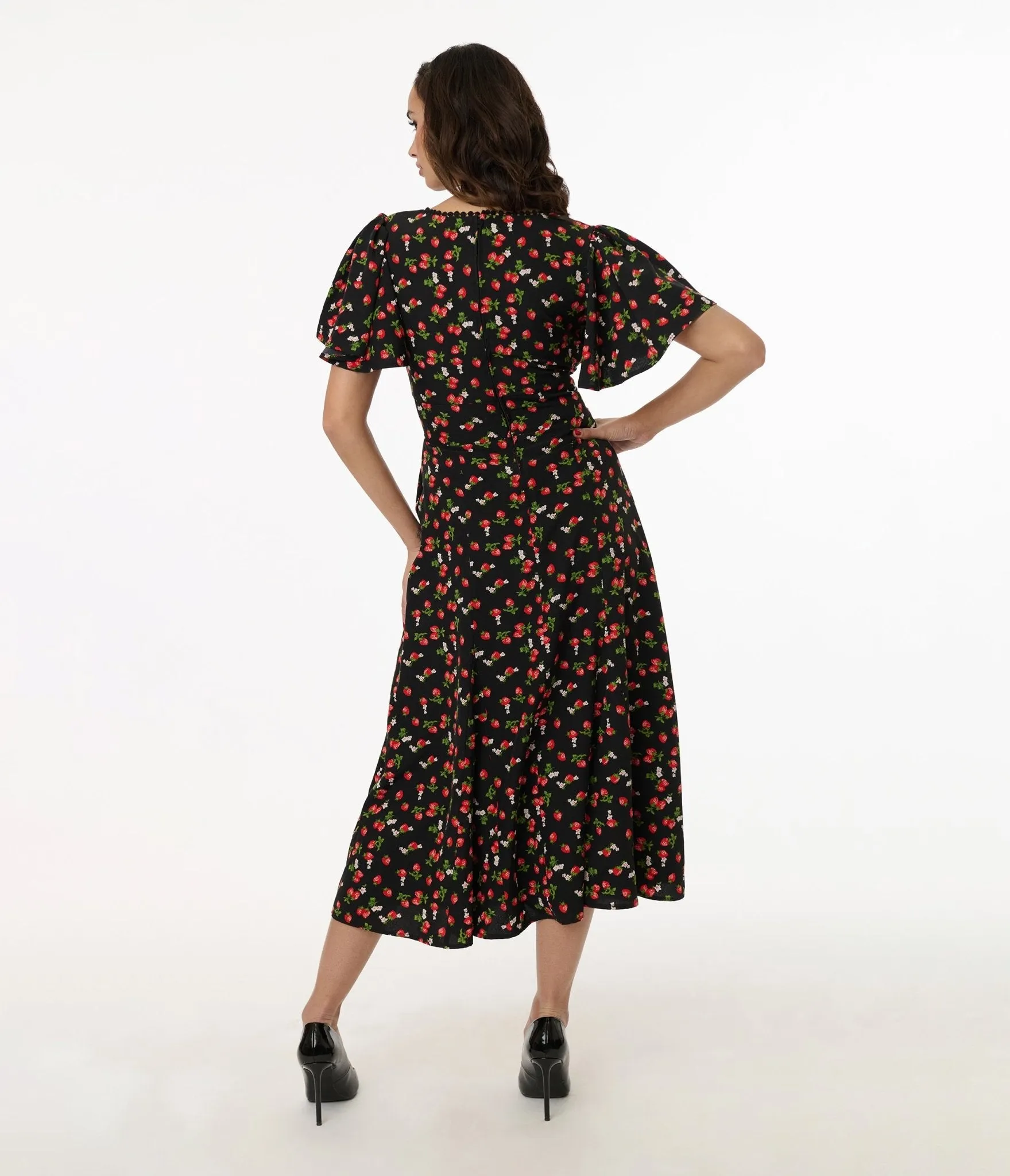 Unique Vintage 1940s Black & Strawberry Print Midi Dress sold by Unique Vintage product image thumbnail 2