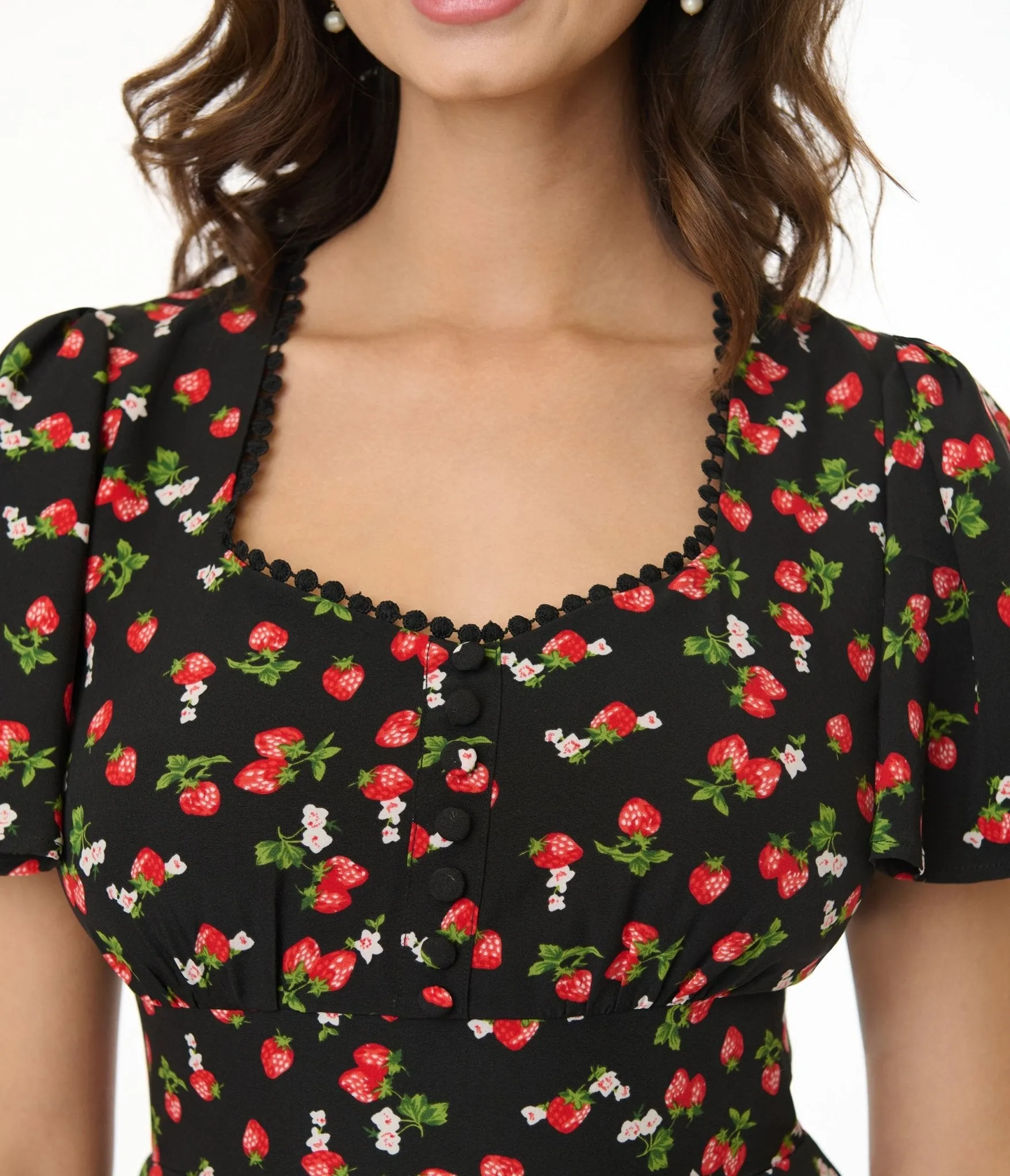 Unique Vintage 1940s Black & Strawberry Print Midi Dress sold by Unique Vintage product image thumbnail 3