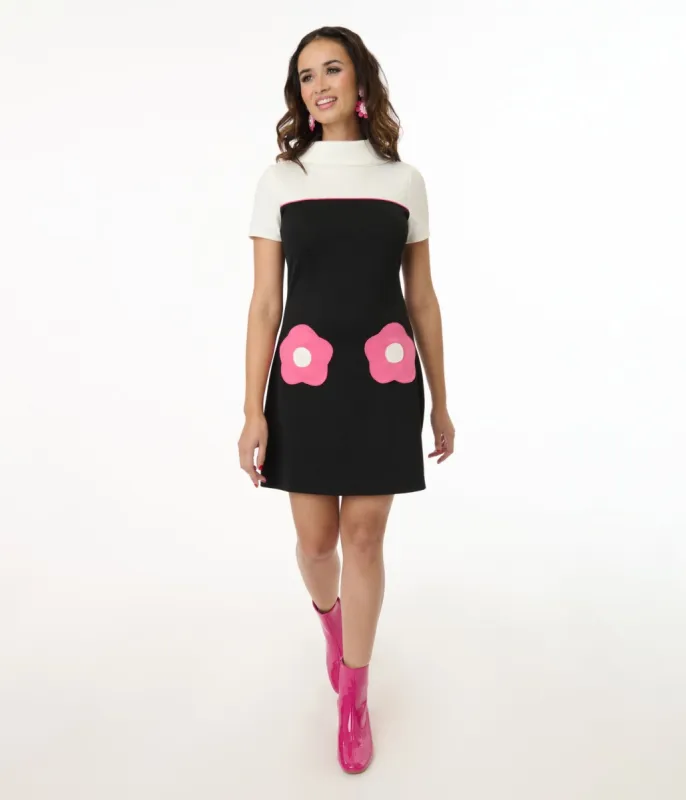 Smak Parlour 1960s Black & Hot Pink Flower Pocket Shift Dress sold by Unique Vintage