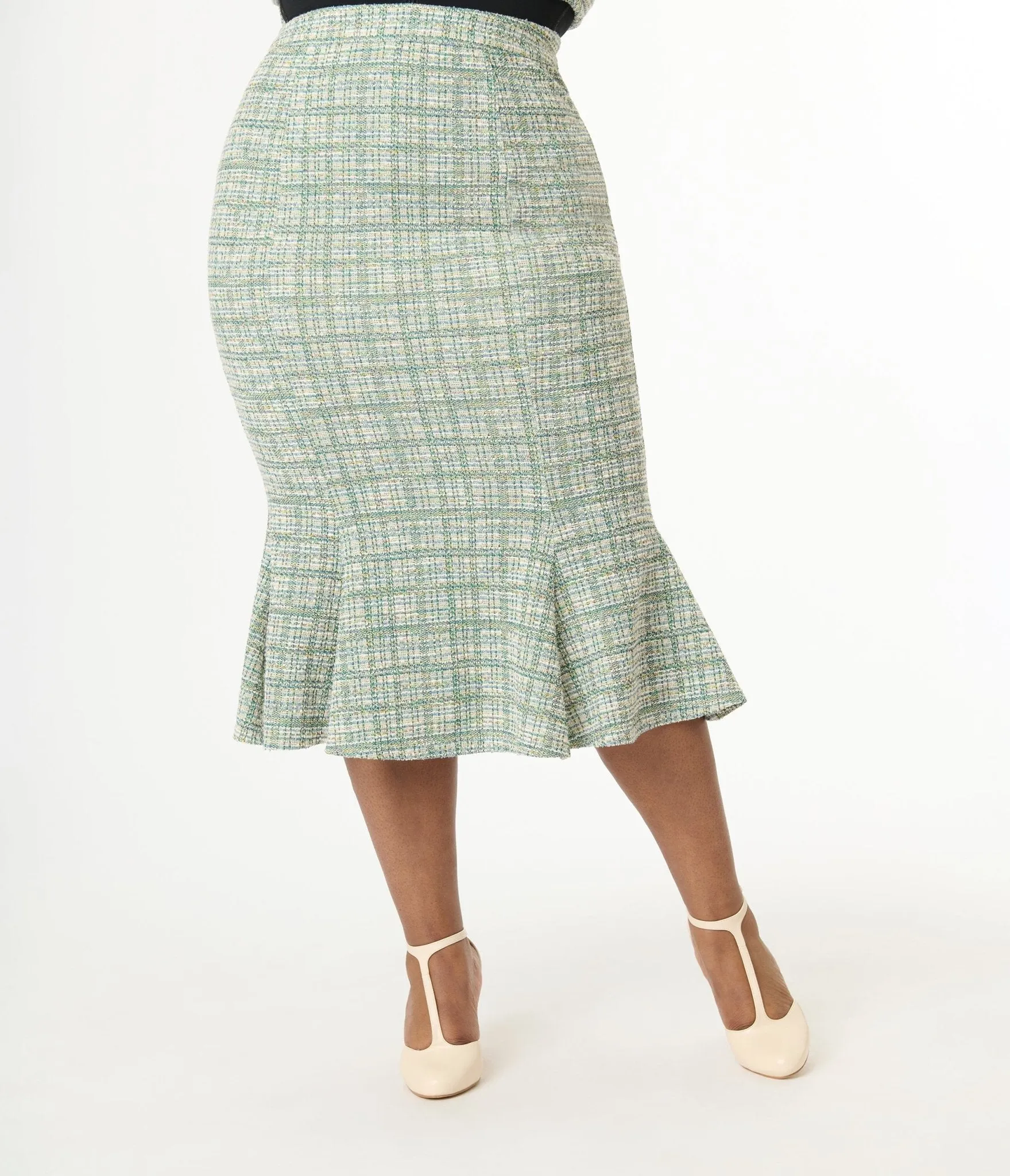 Unique Vintage Plus Size 1940s Green Plaid Boucle Trumpet Skirt sold by Unique Vintage product image thumbnail 2