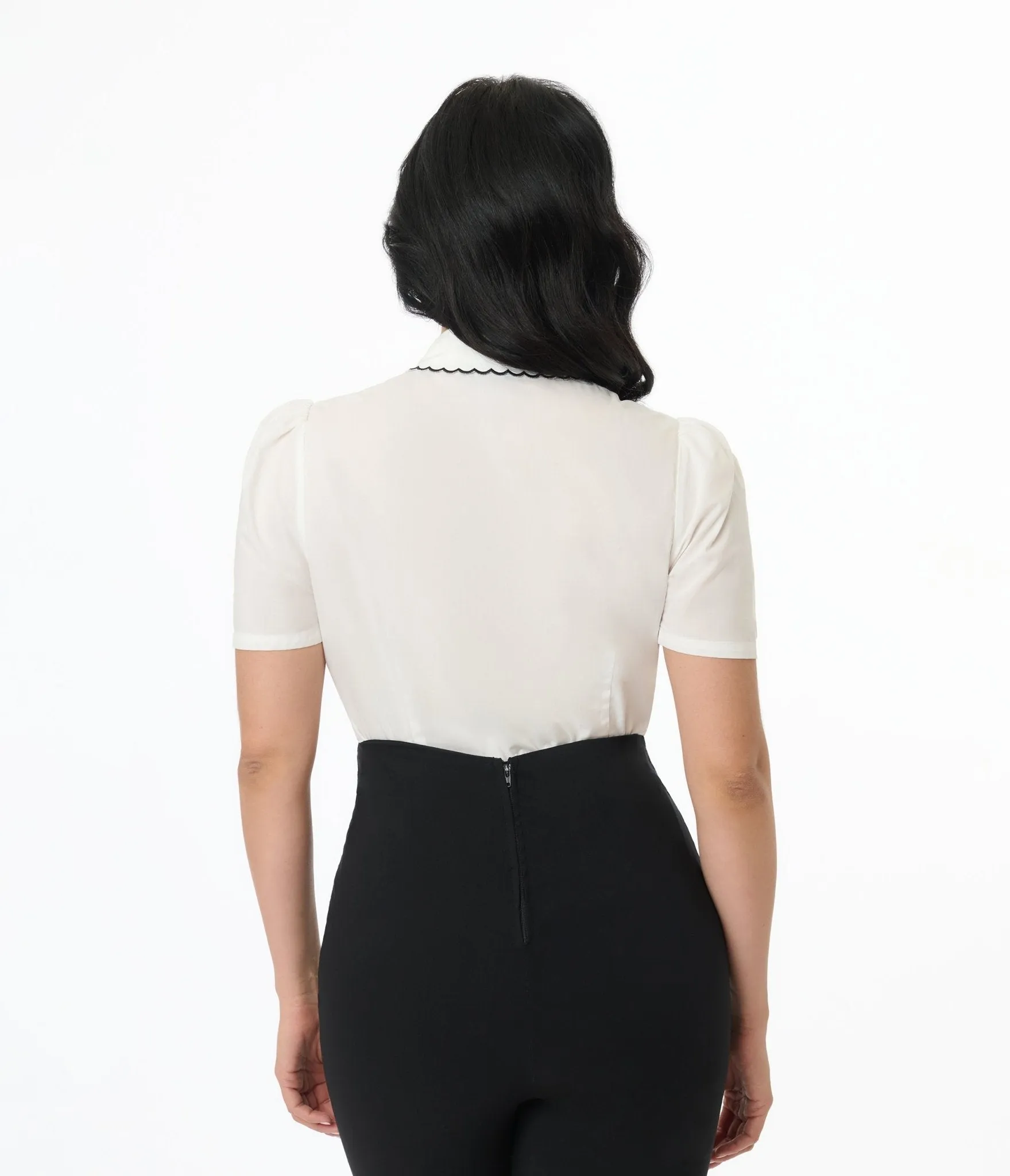 Unique Vintage 1950s White & Blue Butterfly Collar Cotton Blouse sold by Unique Vintage product image thumbnail 2