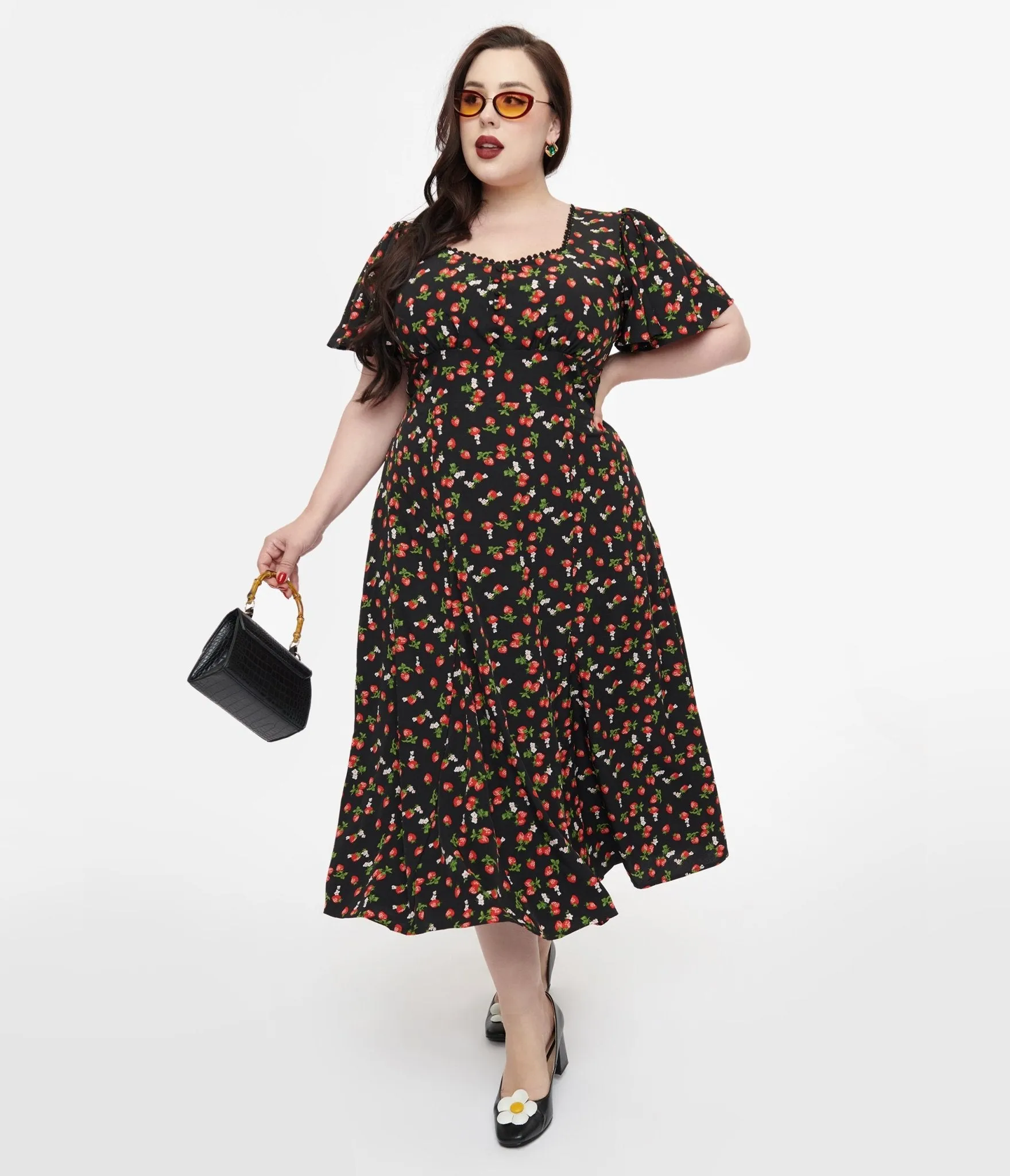 Unique Vintage Plus Size 1940s Black & Strawberry Print Midi Dress sold by Unique Vintage