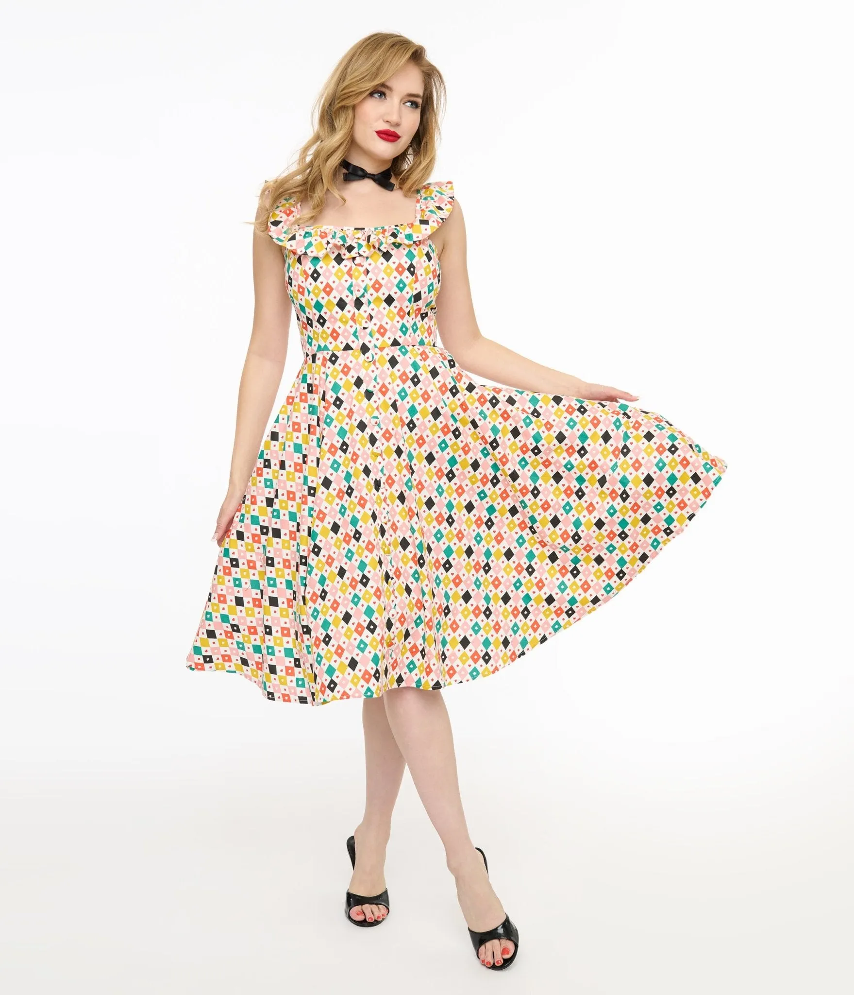 Magnolia Place 1950s Multicolor Diamond Print Barbara Swing Dress sold by Unique Vintage