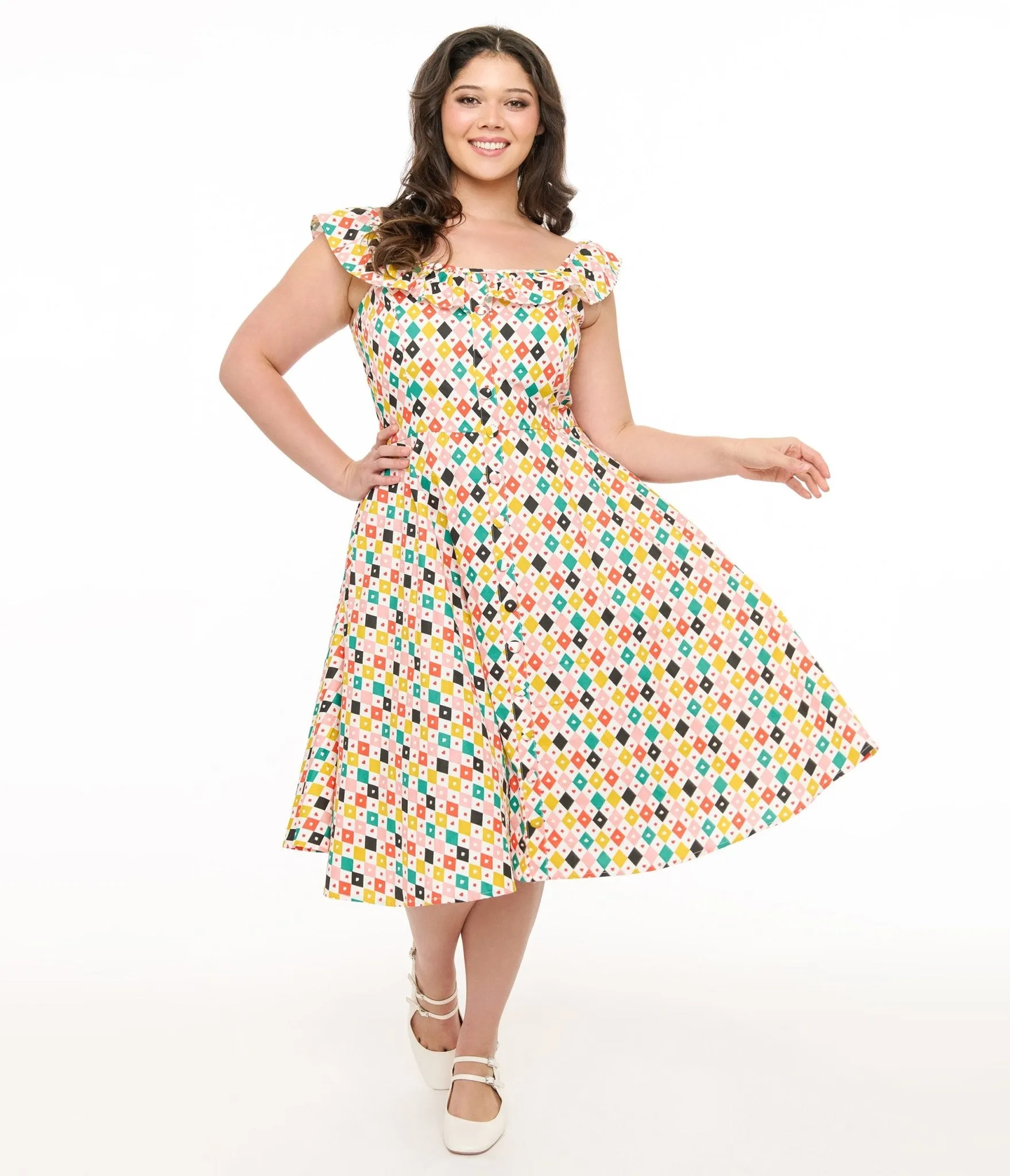 Magnolia Place Plus Size 1950s Multicolor Diamond Print Barbara Swing Dress sold by Unique Vintage