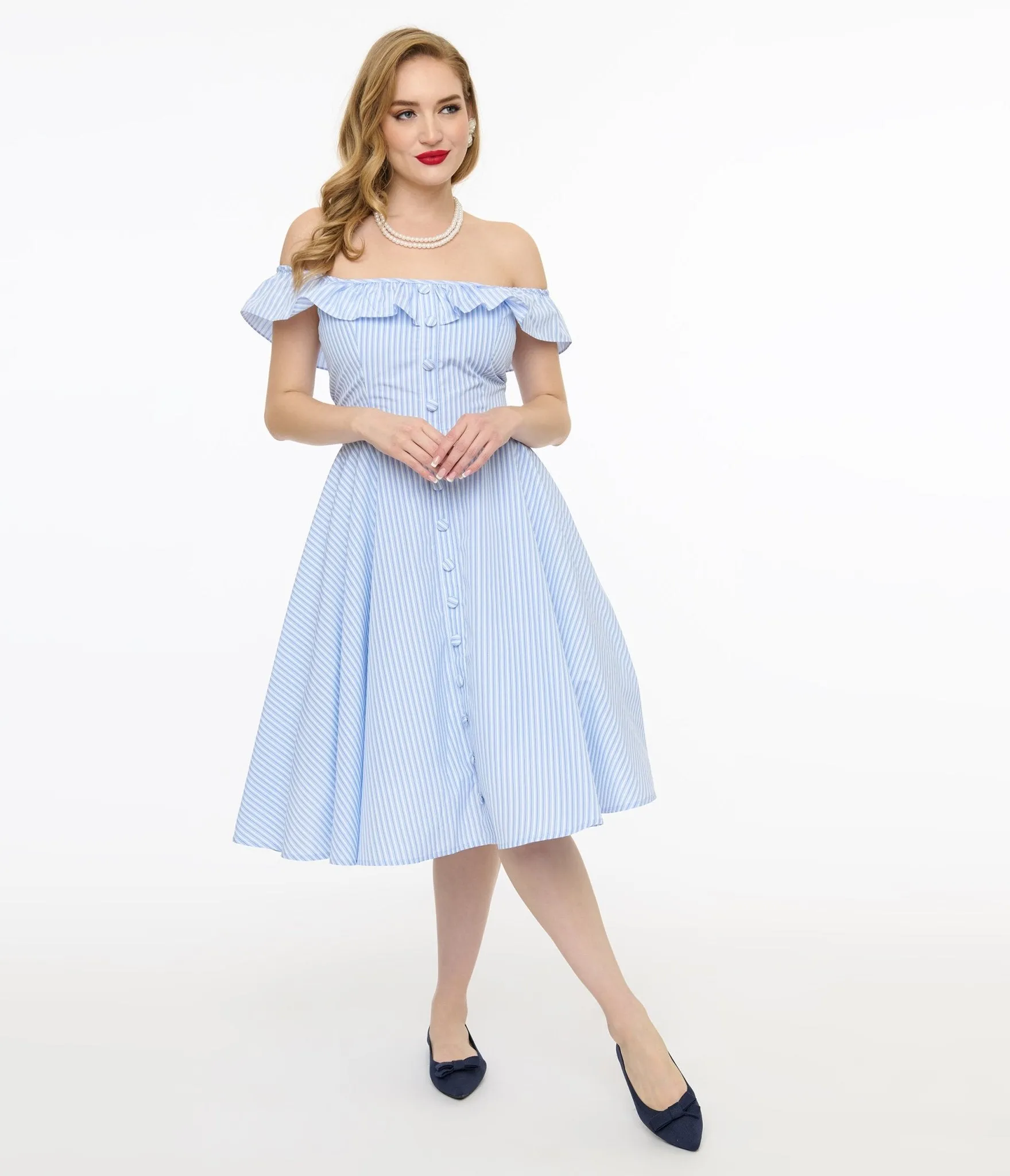 Magnolia Place 1950s Blue & White Stripe Barbara Swing Dress sold by Unique Vintage product image thumbnail 3