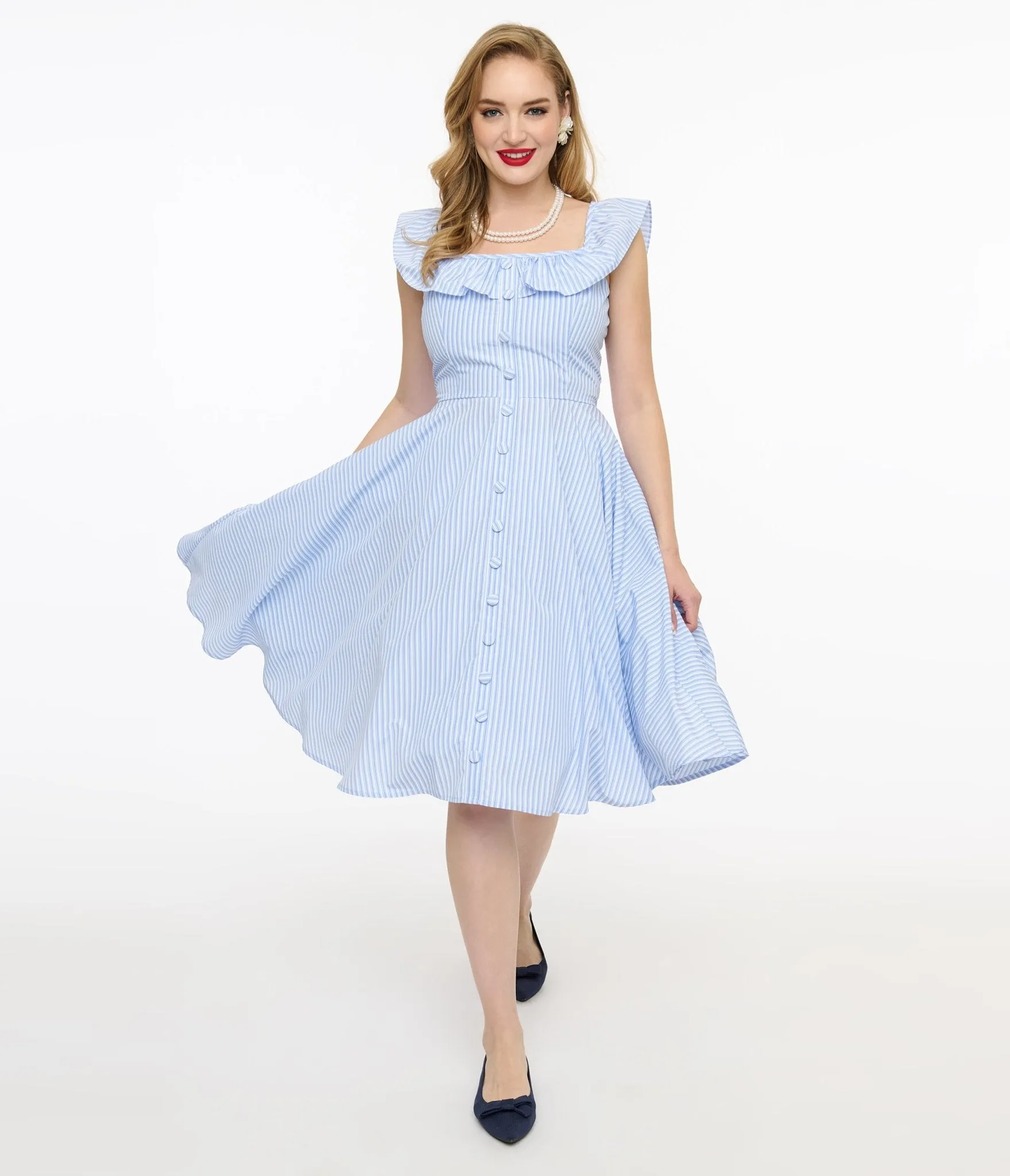 Magnolia Place 1950s Blue & White Stripe Barbara Swing Dress sold by Unique Vintage