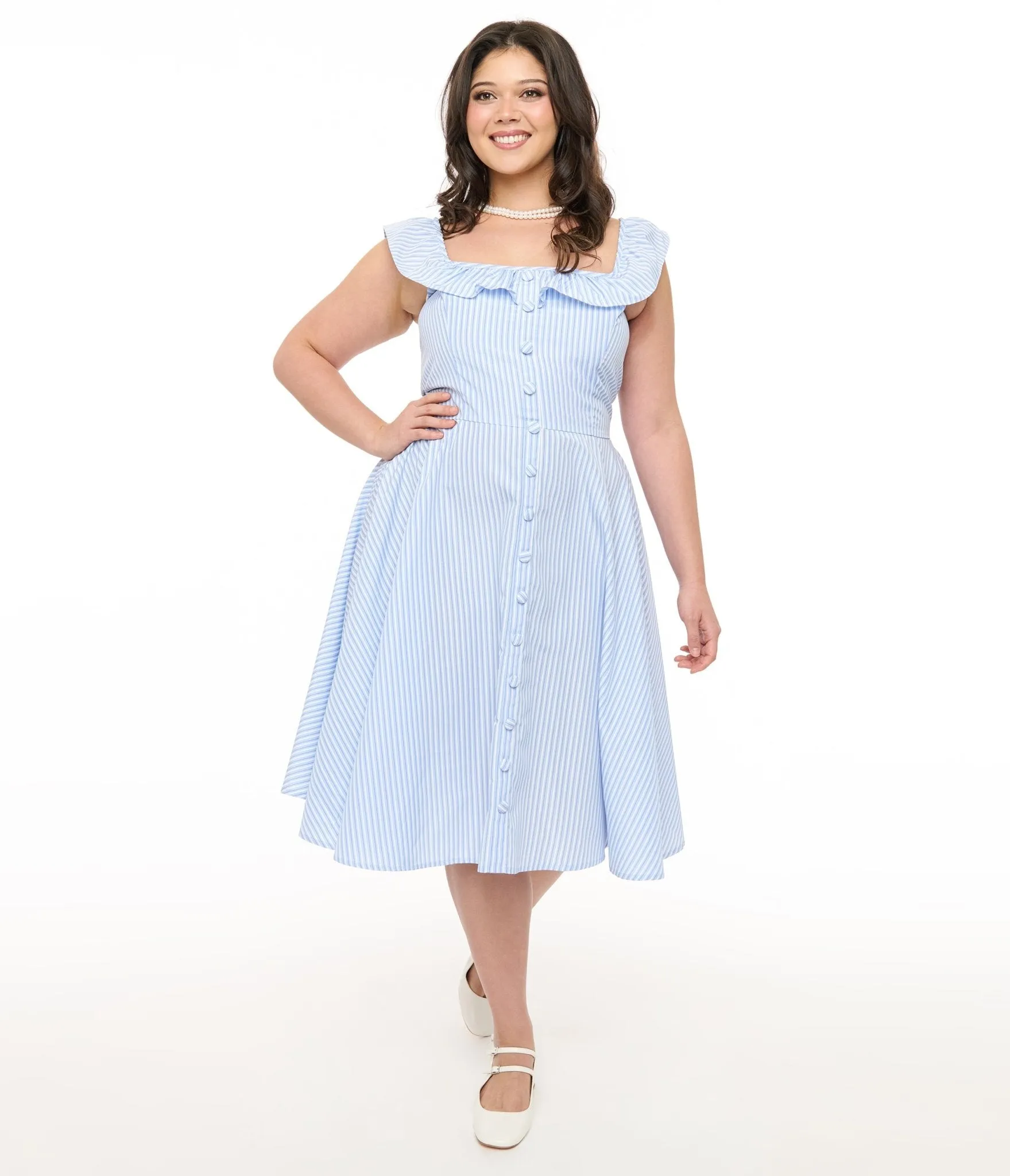 Magnolia Place Plus Size 1950s Blue & White Stripe Barbara Swing Dress sold by Unique Vintage
