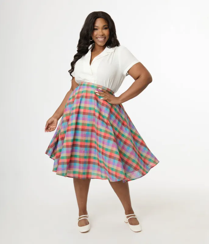 Magnolia Place Plus Size 1950s Multicolor Madras Plaid Cotton Sally Swing Skirt sold by Unique Vintage