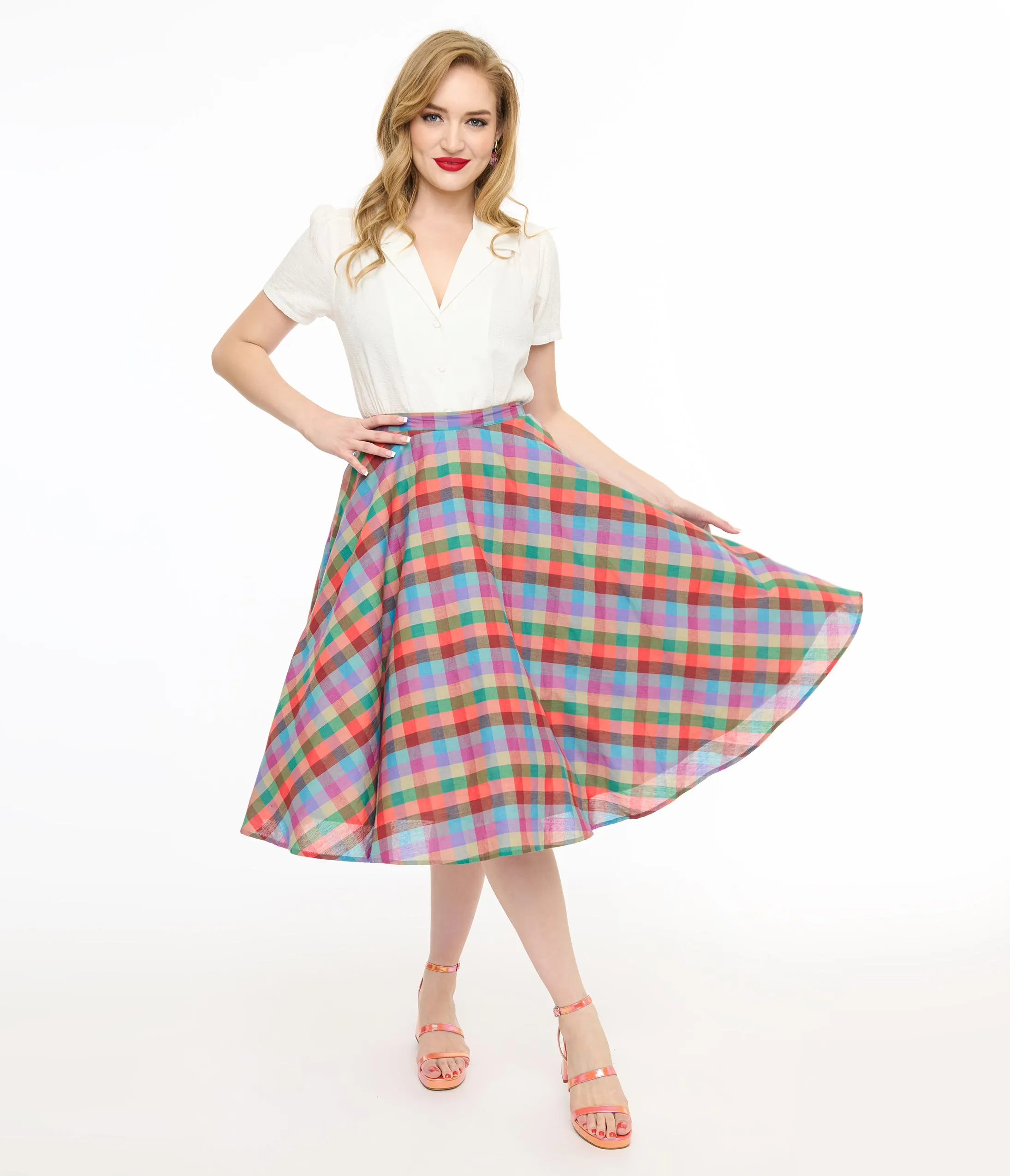 Magnolia Place 1950s Multicolor Madras Plaid Cotton Sally Swing Skirt sold by Unique Vintage