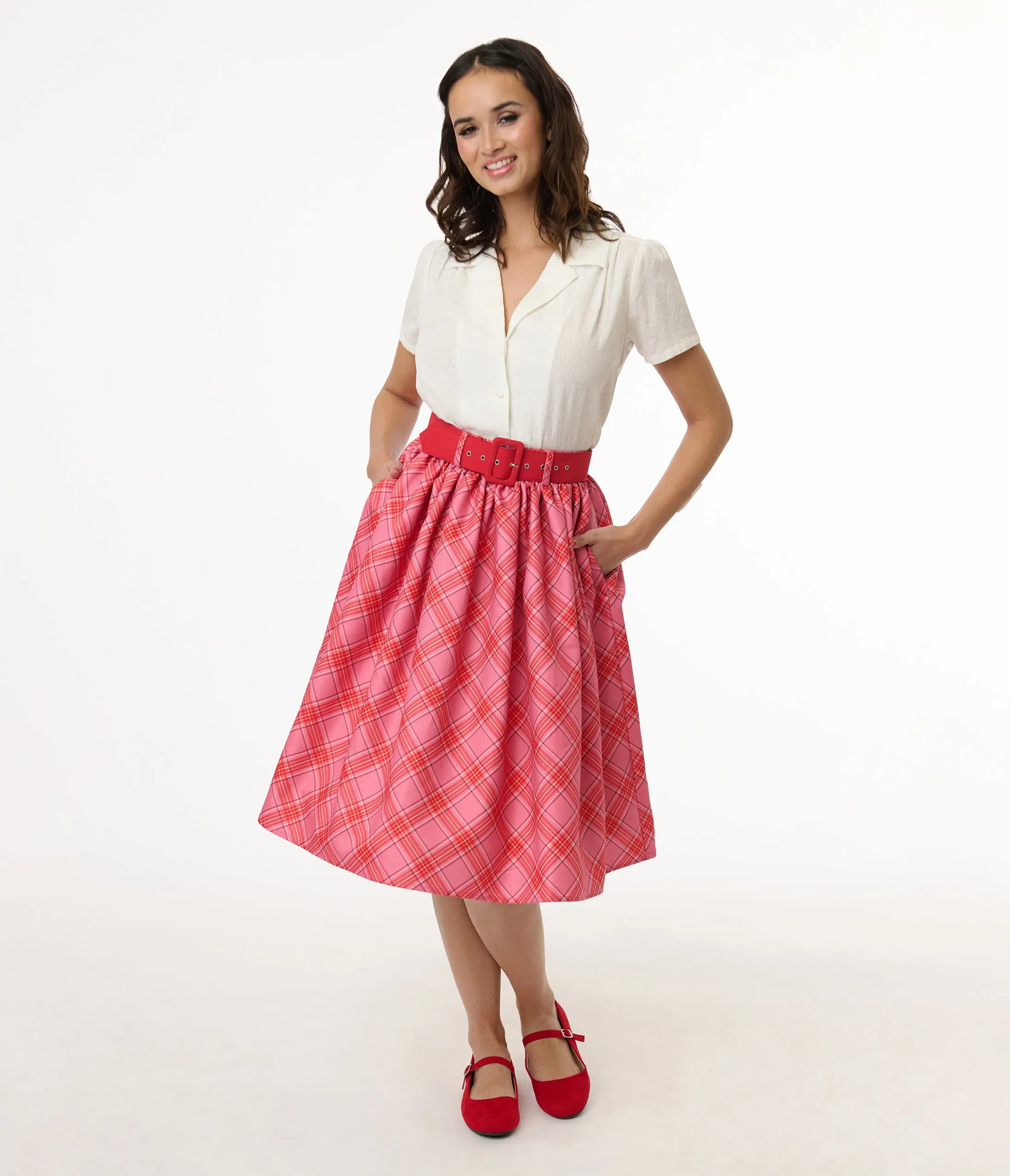 Unique Vintage 1950s Pink & Red Plaid Belted Gellar Swing Skirt sold by Unique Vintage