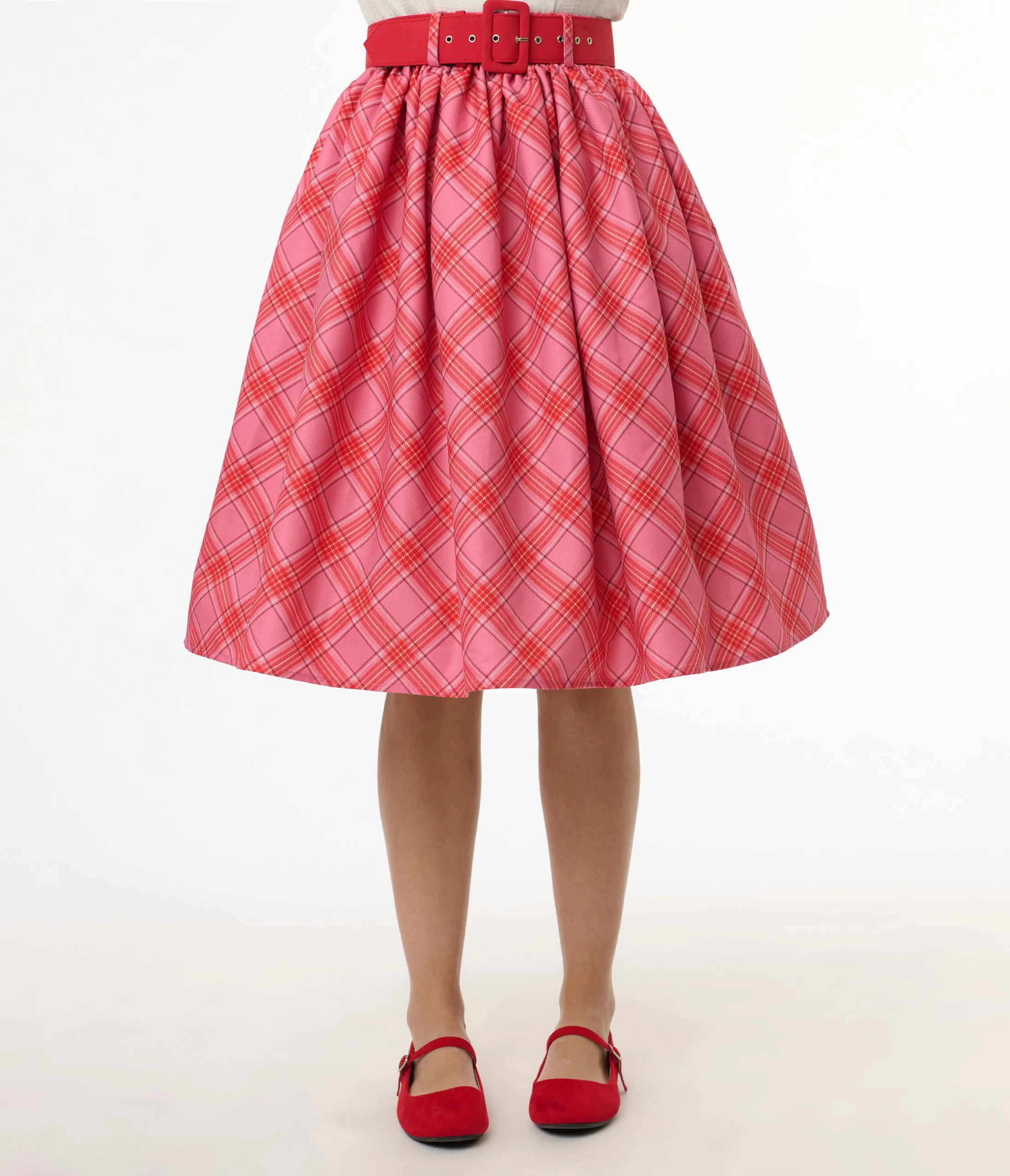Unique Vintage 1950s Pink & Red Plaid Belted Gellar Swing Skirt sold by Unique Vintage product image thumbnail 2