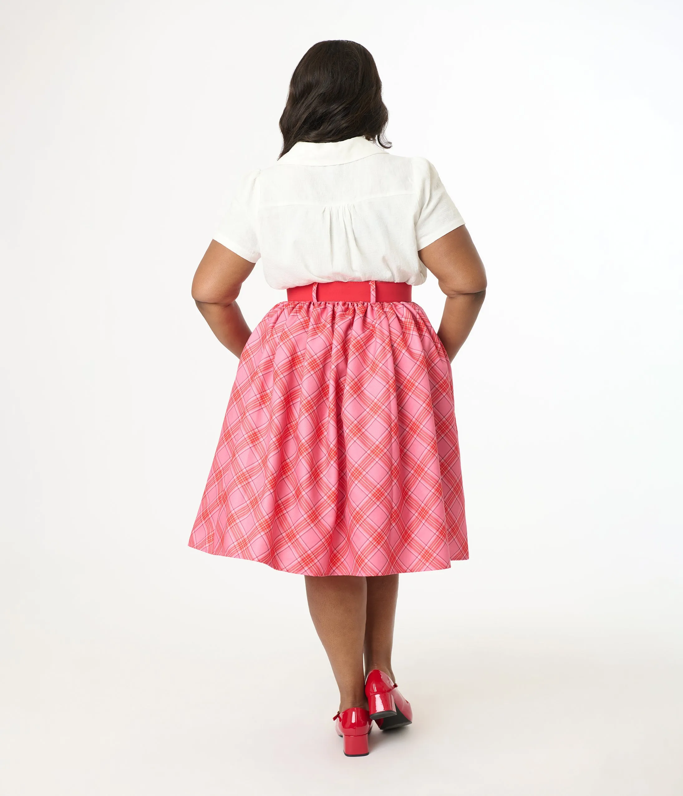 Unique Vintage Plus Size 1950s Pink & Red Plaid Belted Gellar Swing Skirt sold by Unique Vintage product image thumbnail 3