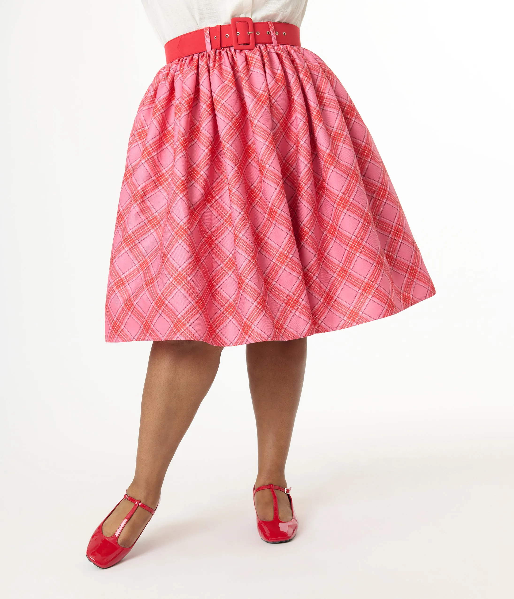 Unique Vintage Plus Size 1950s Pink & Red Plaid Belted Gellar Swing Skirt sold by Unique Vintage product image thumbnail 2