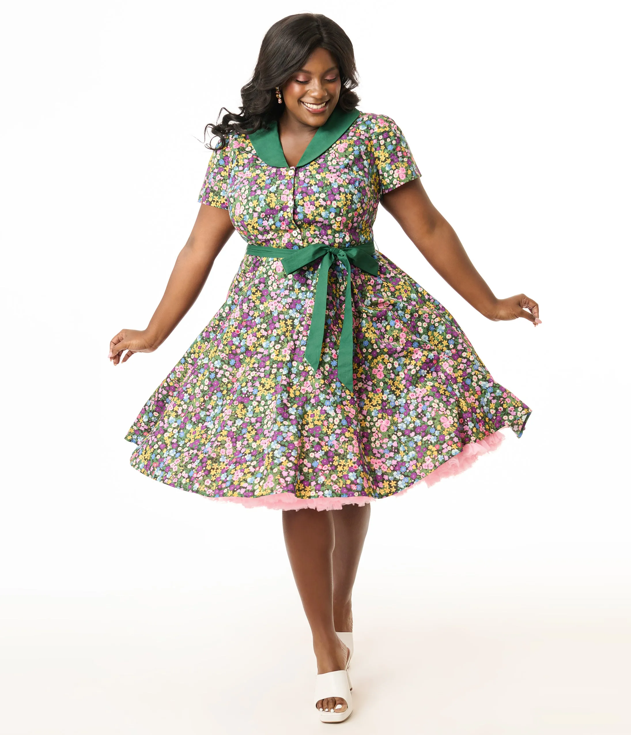 Unique Vintage Plus Size 1950s Green Ditsy Floral Cotton Shirt Dress sold by Unique Vintage product image thumbnail 4