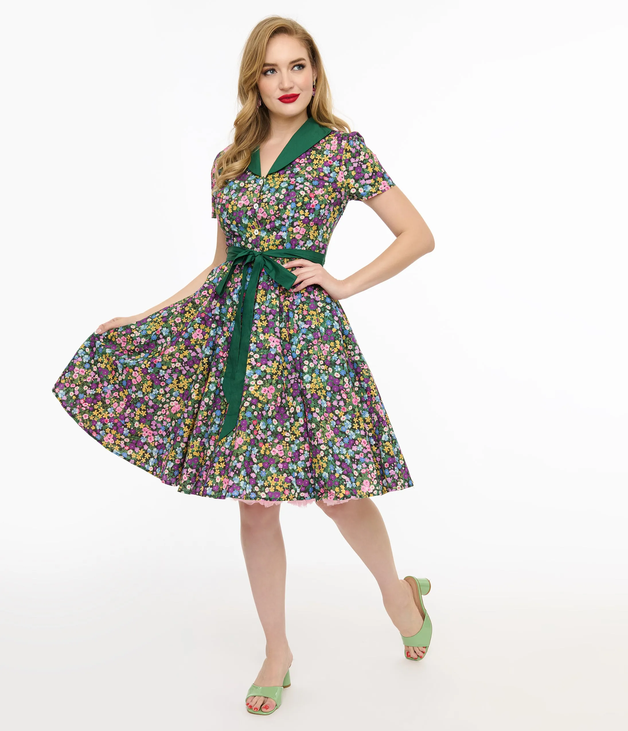 Unique Vintage 1950s Green Ditsy Floral Cotton Shirt Dress sold by Unique Vintage