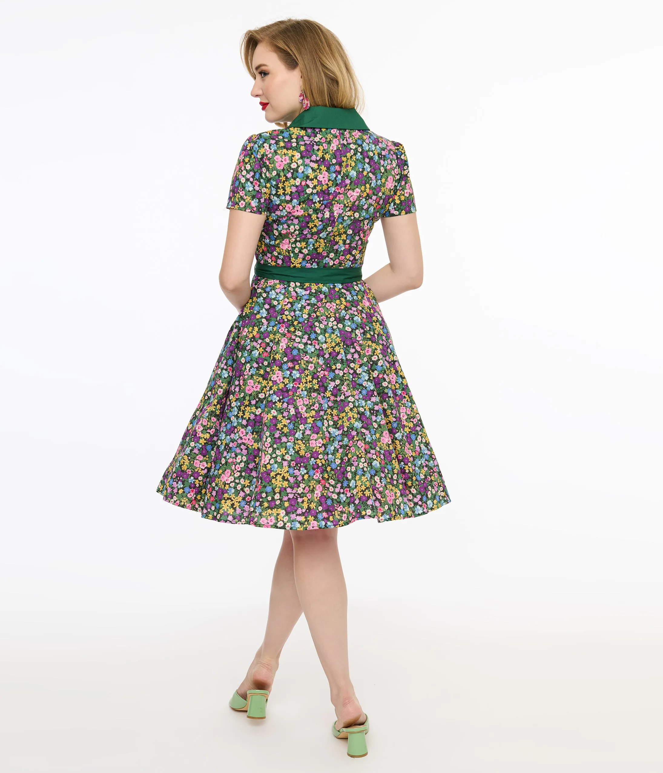 Unique Vintage 1950s Green Ditsy Floral Cotton Shirt Dress sold by Unique Vintage product image thumbnail 2