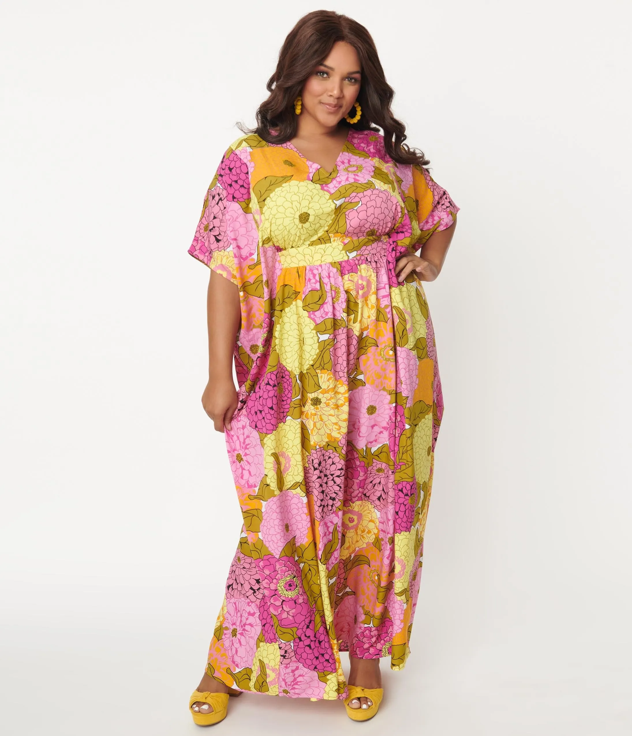 Unique Vintage 1970s Pink & Yellow Floral Print Burton Caftan Dress sold by Unique Vintage product image thumbnail 4