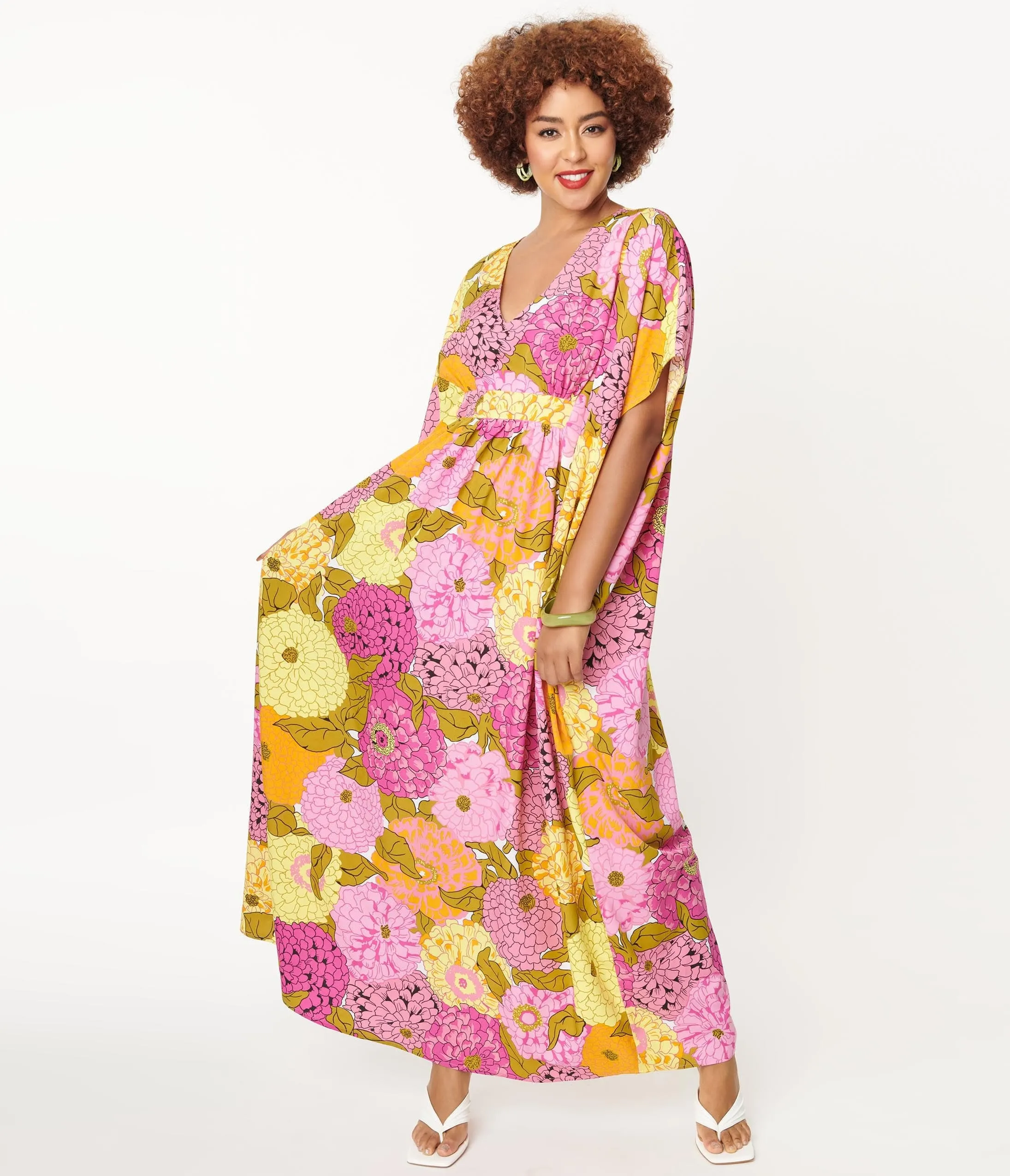Unique Vintage 1970s Pink & Yellow Floral Print Burton Caftan Dress sold by Unique Vintage